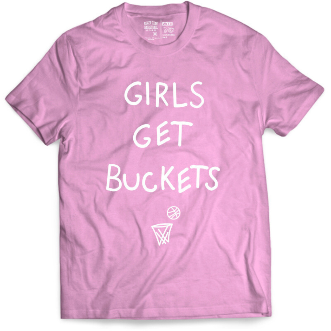 Collection of Pink t-shirt with 'GIRLS GET BUCKETS' text and basketball graphics on a white background in a gallery layout