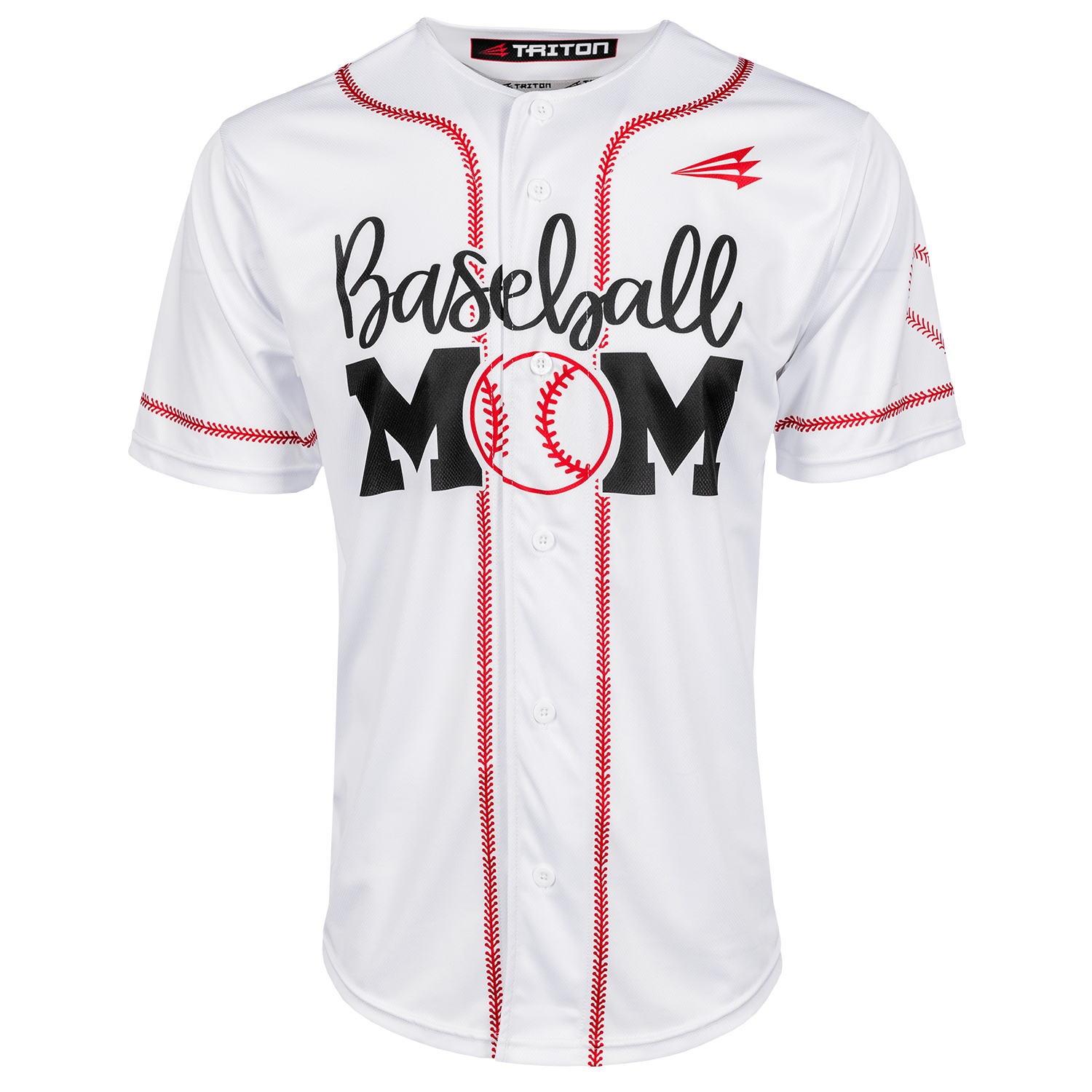 White baseball jersey with 'Baseball Mom' text and red stitching on a white background