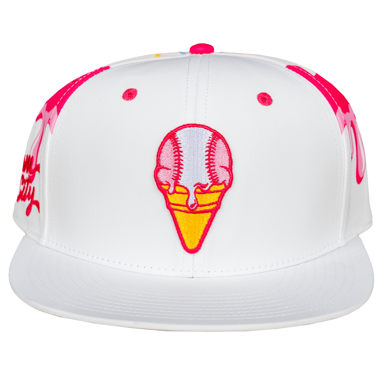 Collection of White cap with pink and yellow baseball ice cream cone design on a white background in a gallery layout