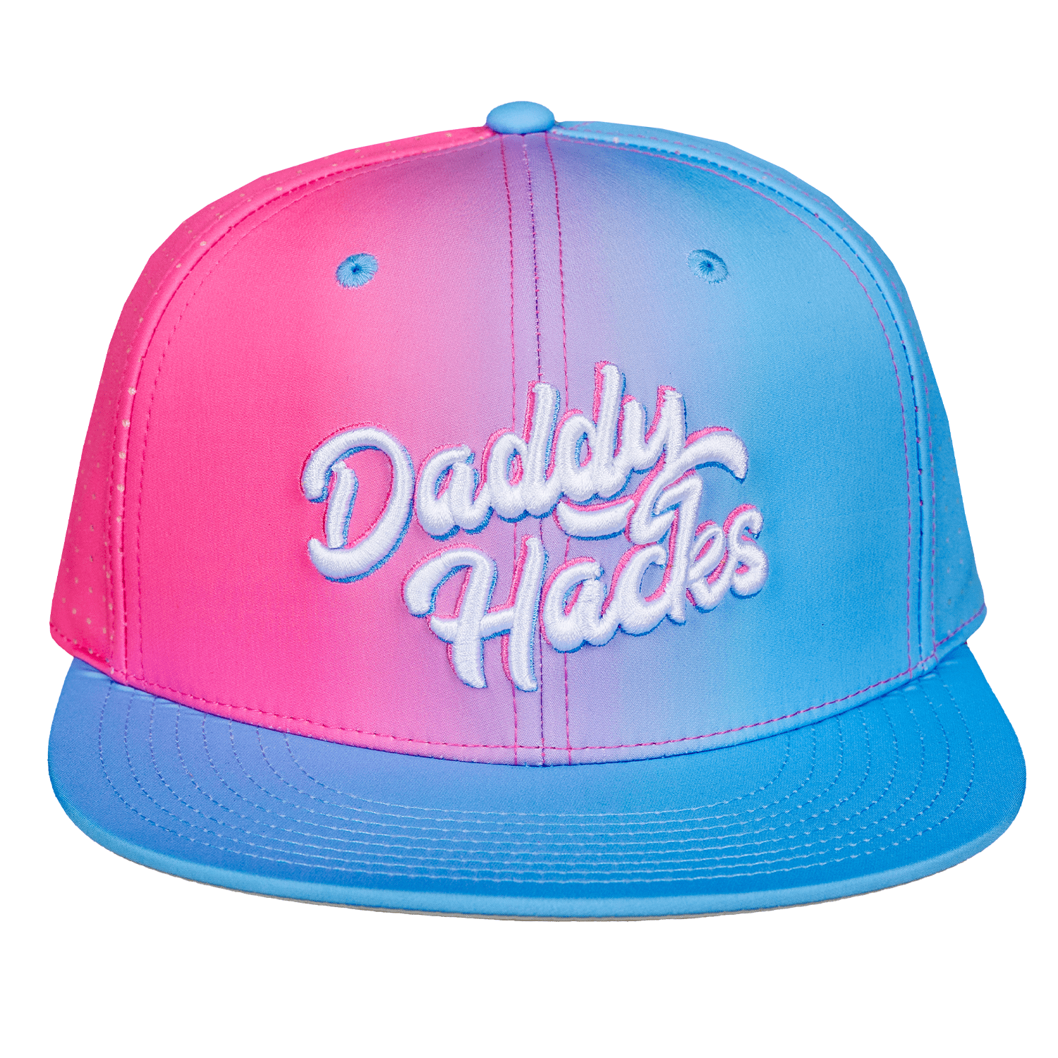 Collection of Gradient pink to blue cap with 'Daddy Hacks' text on a white background in a gallery layout