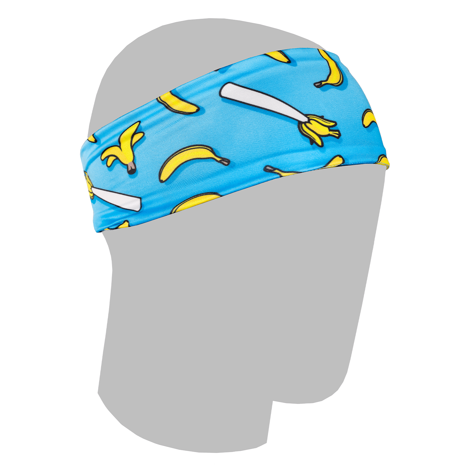 Collection of Blue headband with banana pattern on a gray mannequin head. in a gallery layout