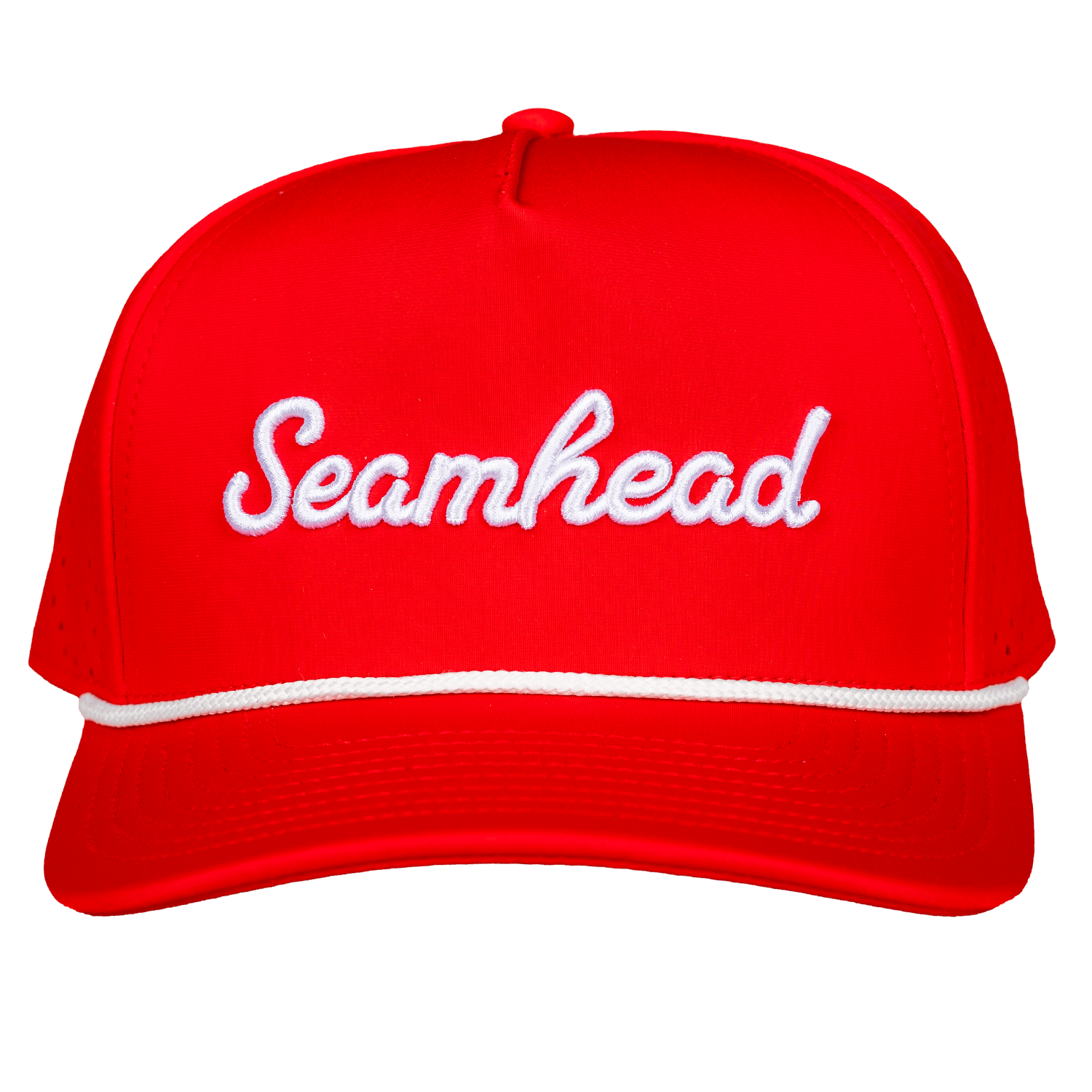 Collection of Red cap with 'Seamhead' embroidered on a white background in a gallery layout