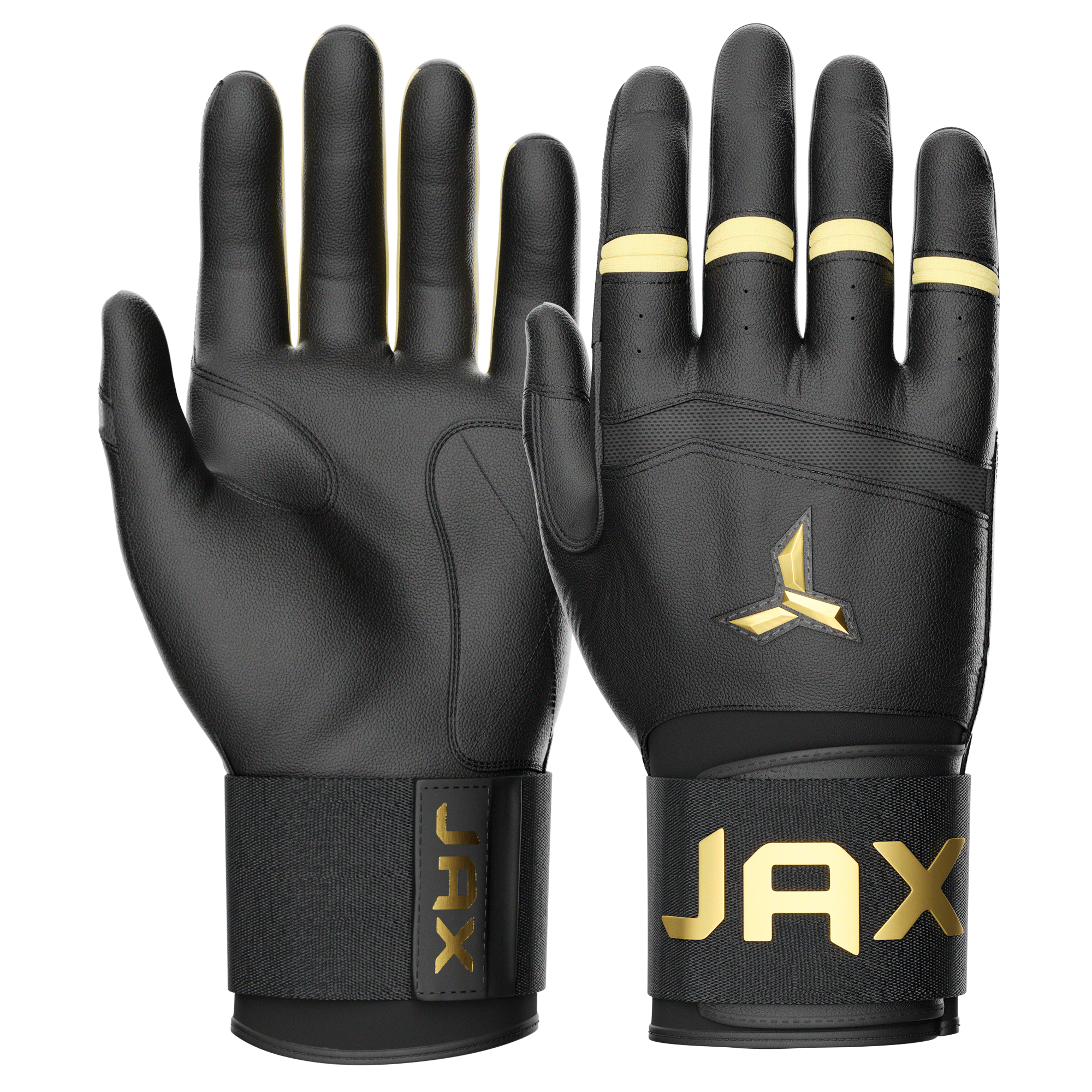 Collection of Black JAX baseball batting glove with gold accents and 'JAX' branding on a white background in a gallery layout