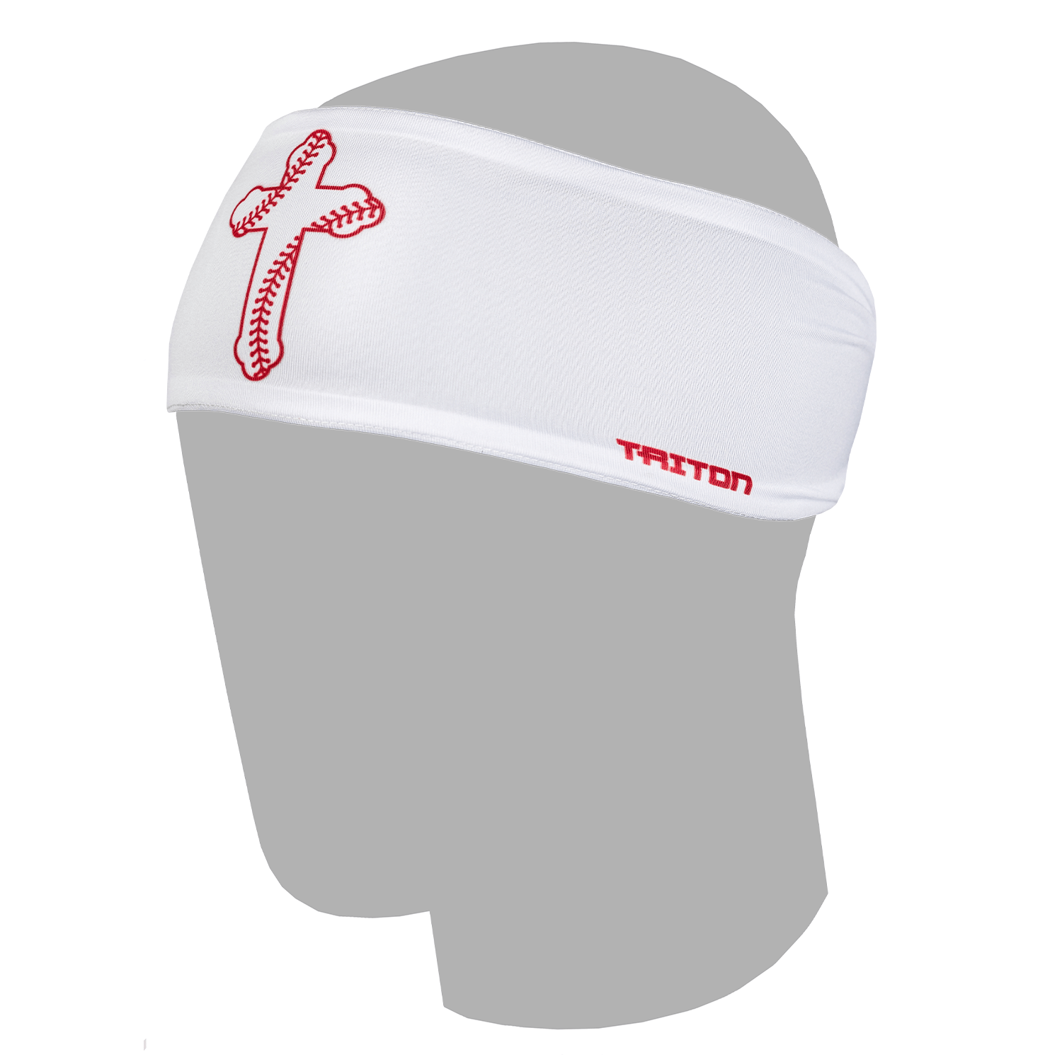 Collection of White headband with red baseball cross logo on a gray mannequin head against a white background in a gallery layout