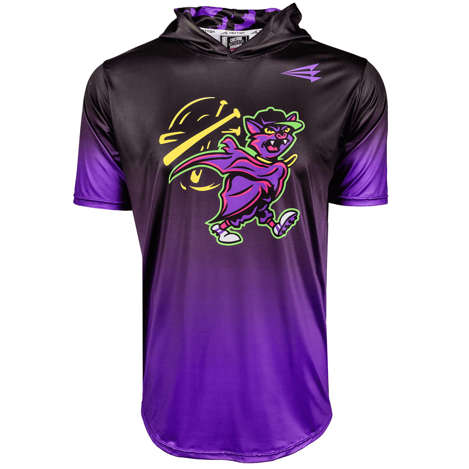 Black and purple bat flips baseball hoodie with a colorful graphic design on a white background