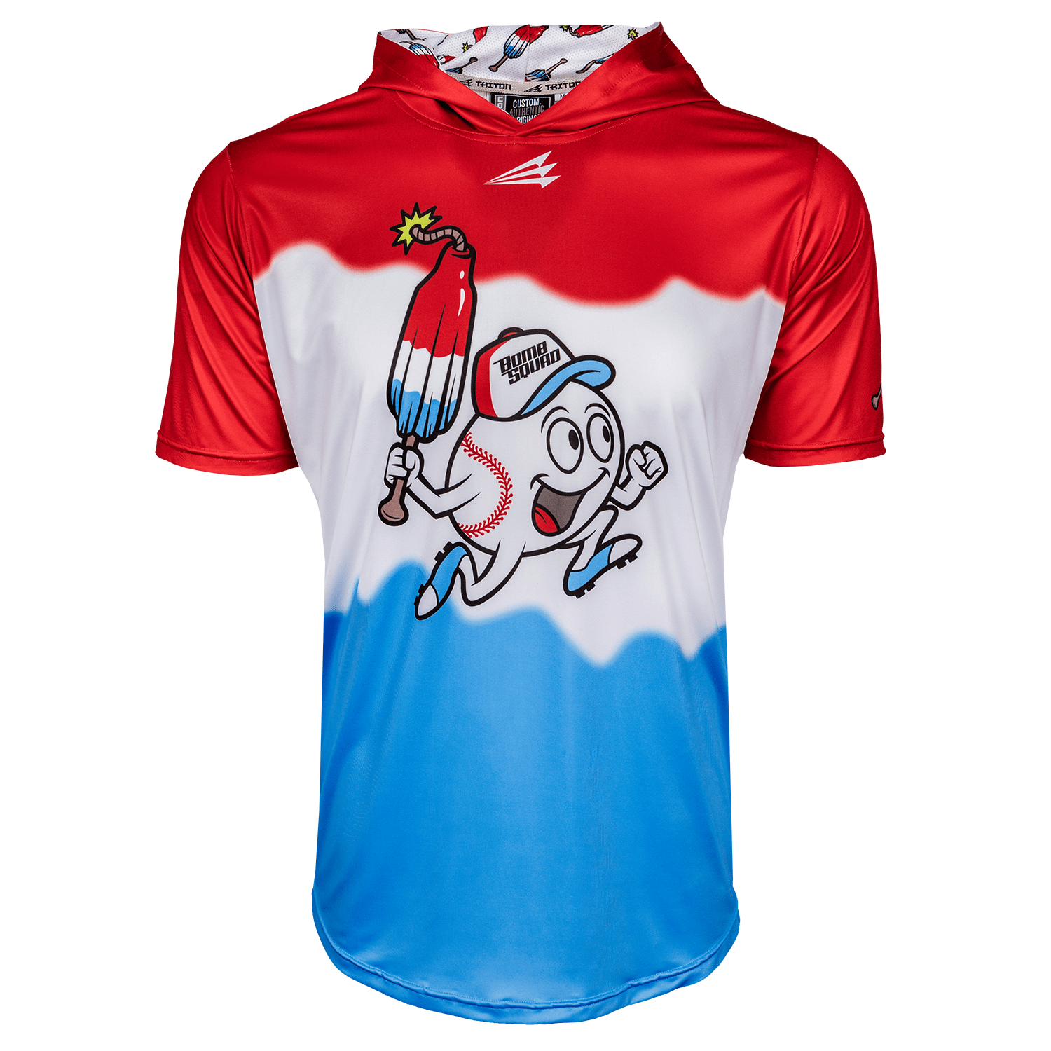 Red, white, and blue bomb squad pop short sleeve baseball hoodie with cartoon character design on a white background