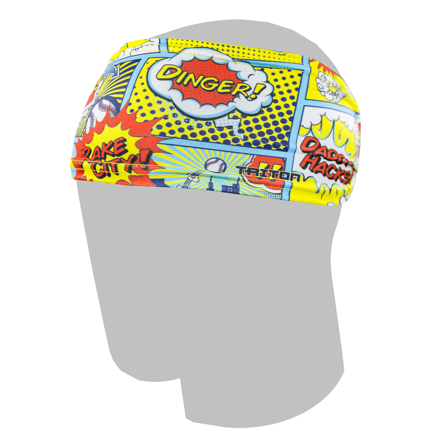 Collection of Colorful comic-style headband on a gray mannequin head against a white background. Comic book bombs.  in a gallery layout