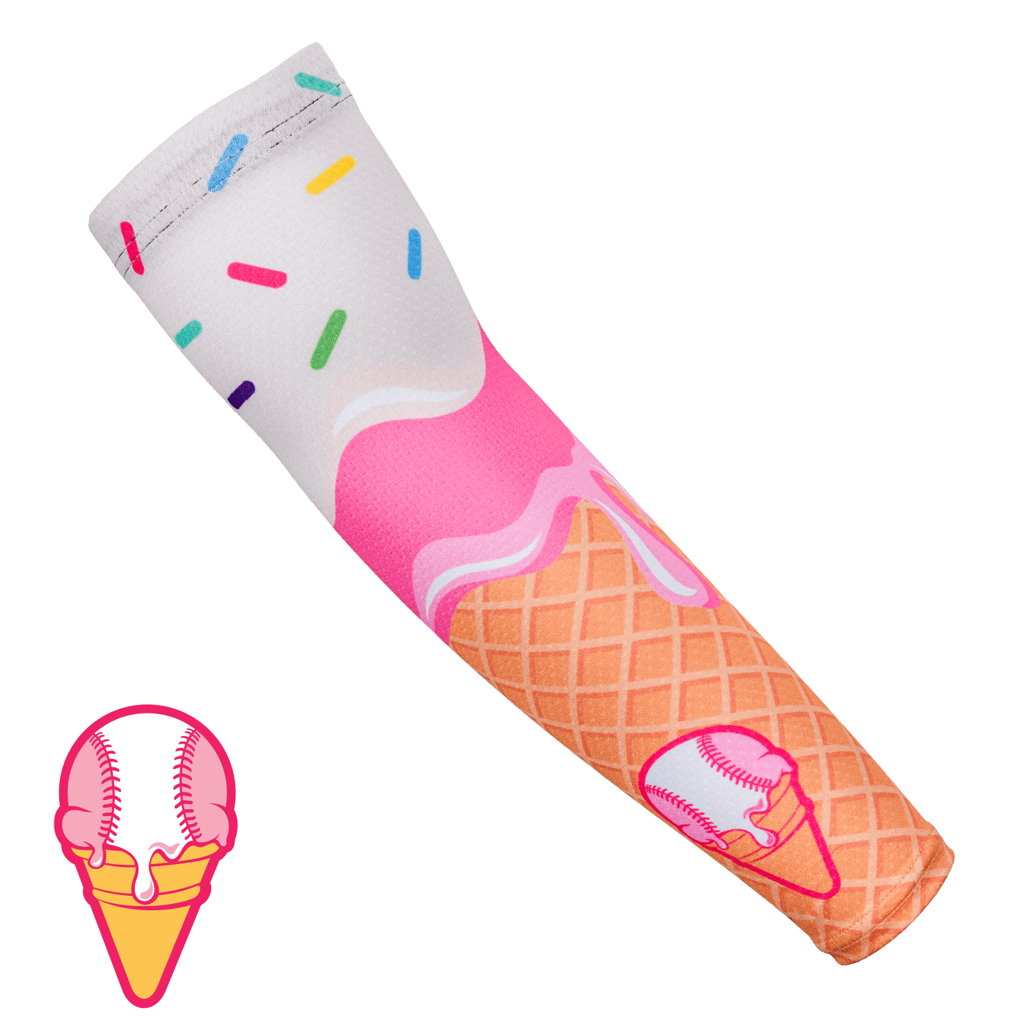 Ice cream cone-shaped baseball drip arm sleeve colorful sprinkles on a white background