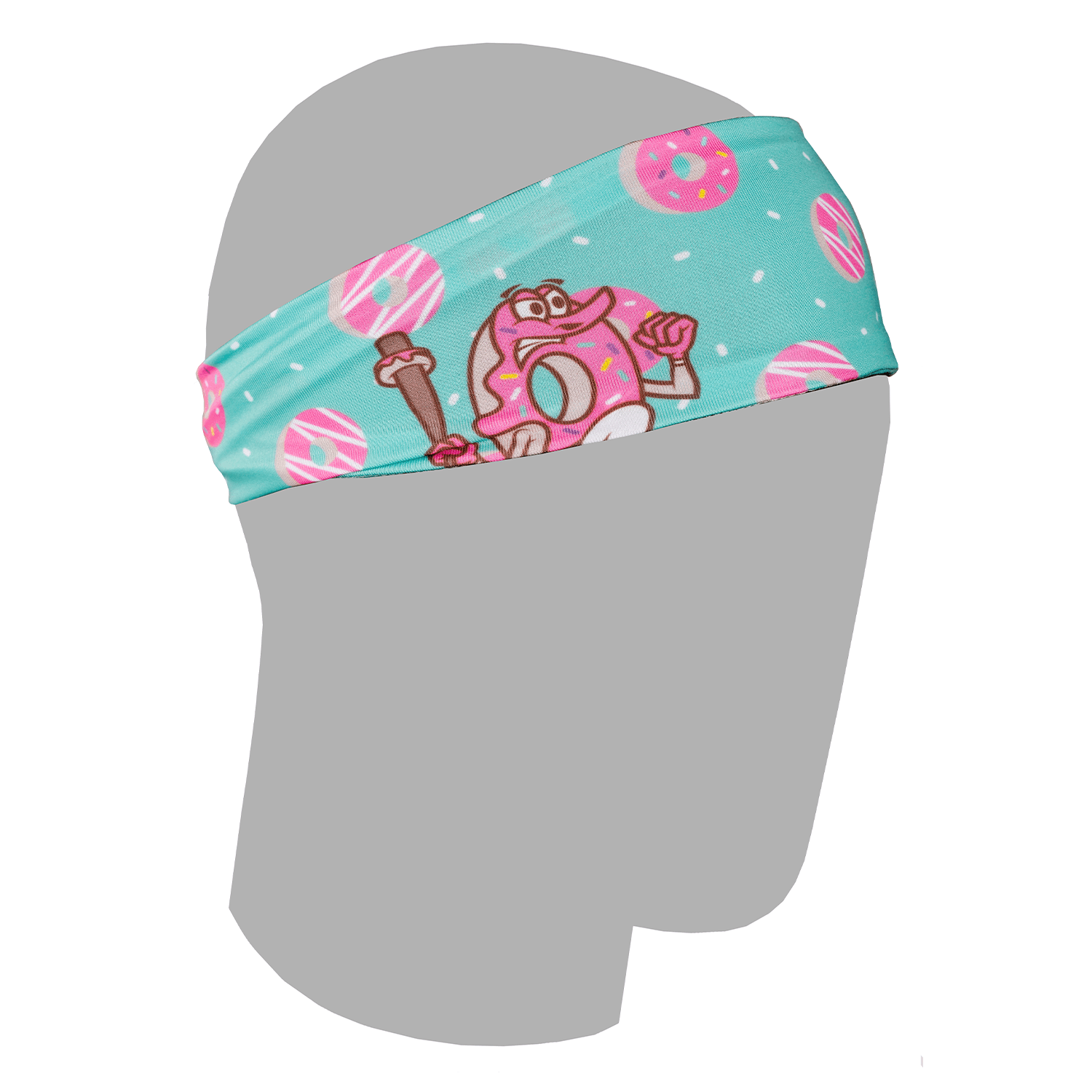 Collection of Headband with cartoon donut design on a gray mannequin head. in a gallery layout