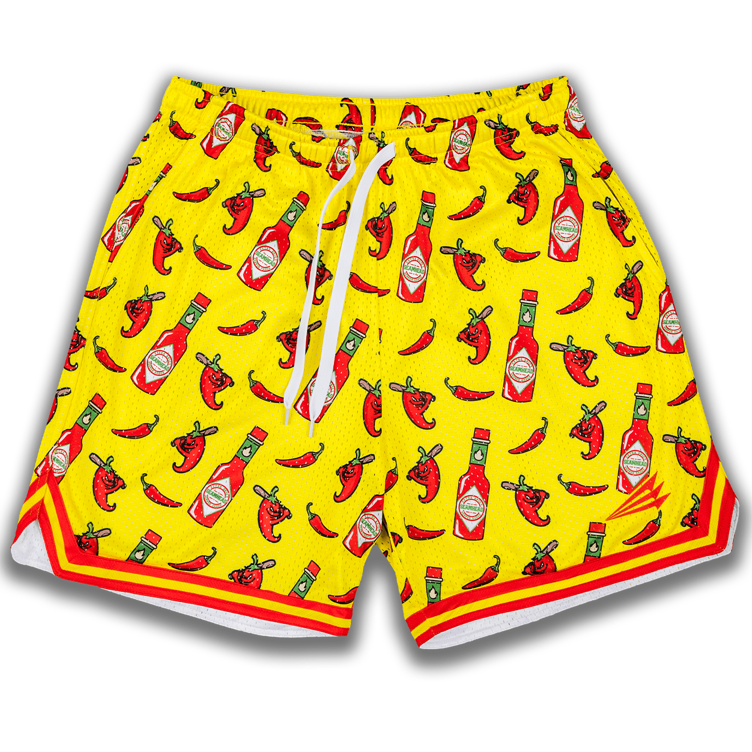 Yellow baseball shorts with hot sauce and chili pepper pattern on a white background