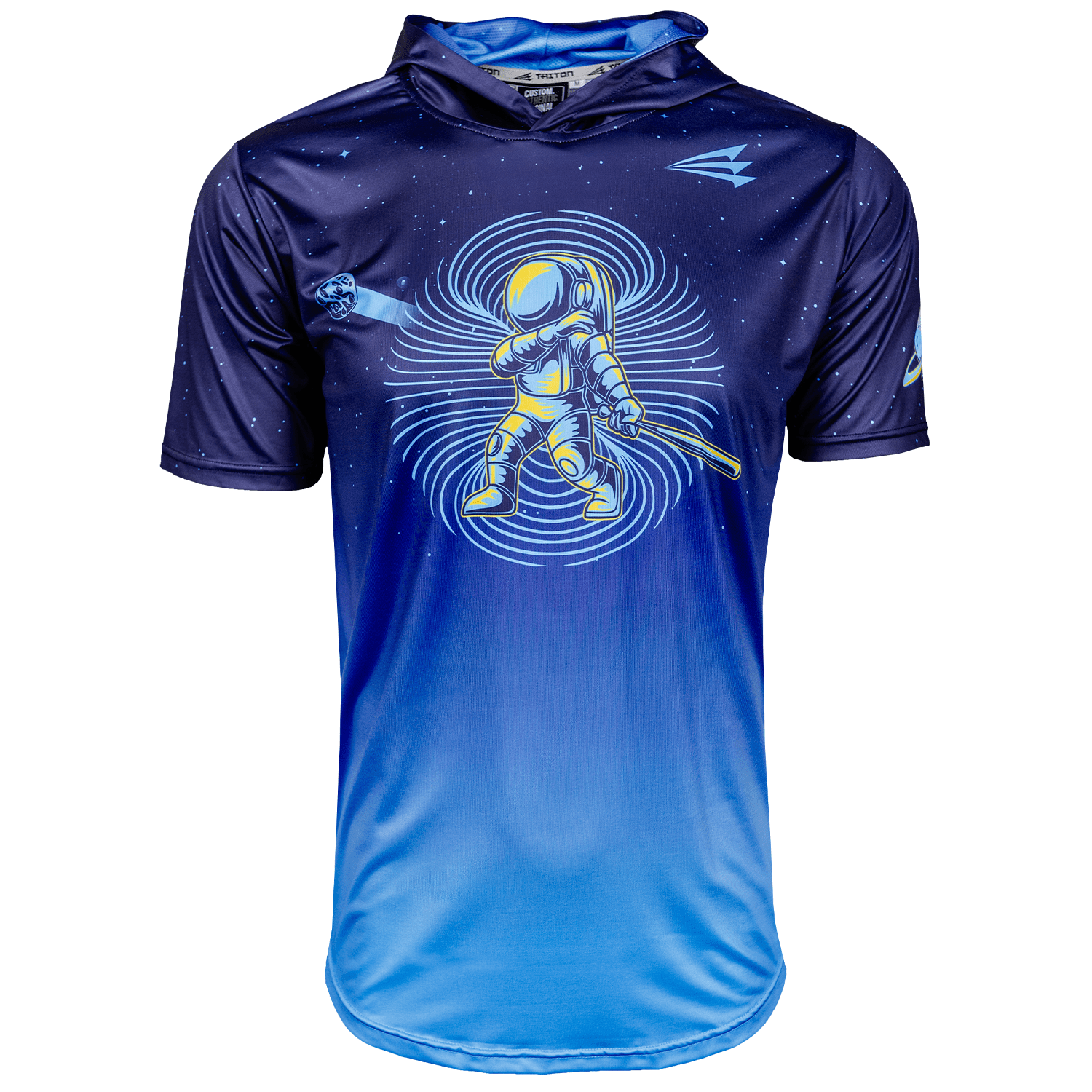 Collection of Blue short sleeve baseball moonshot hoodie with a baseball astronaut graphic on a white background in a gallery layout