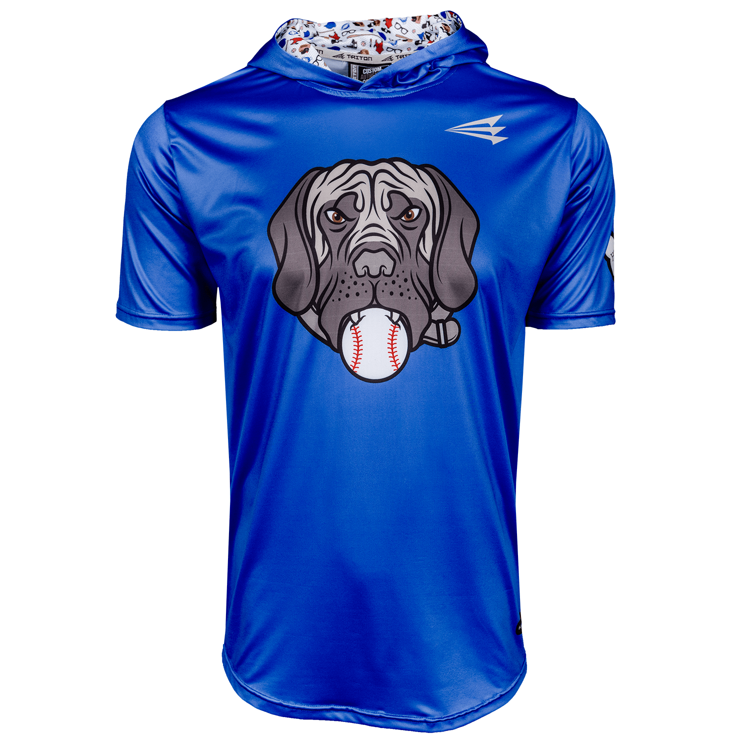 Blue short sleeve baseball hoodie with hercules holding a baseball graphic in its mouth 