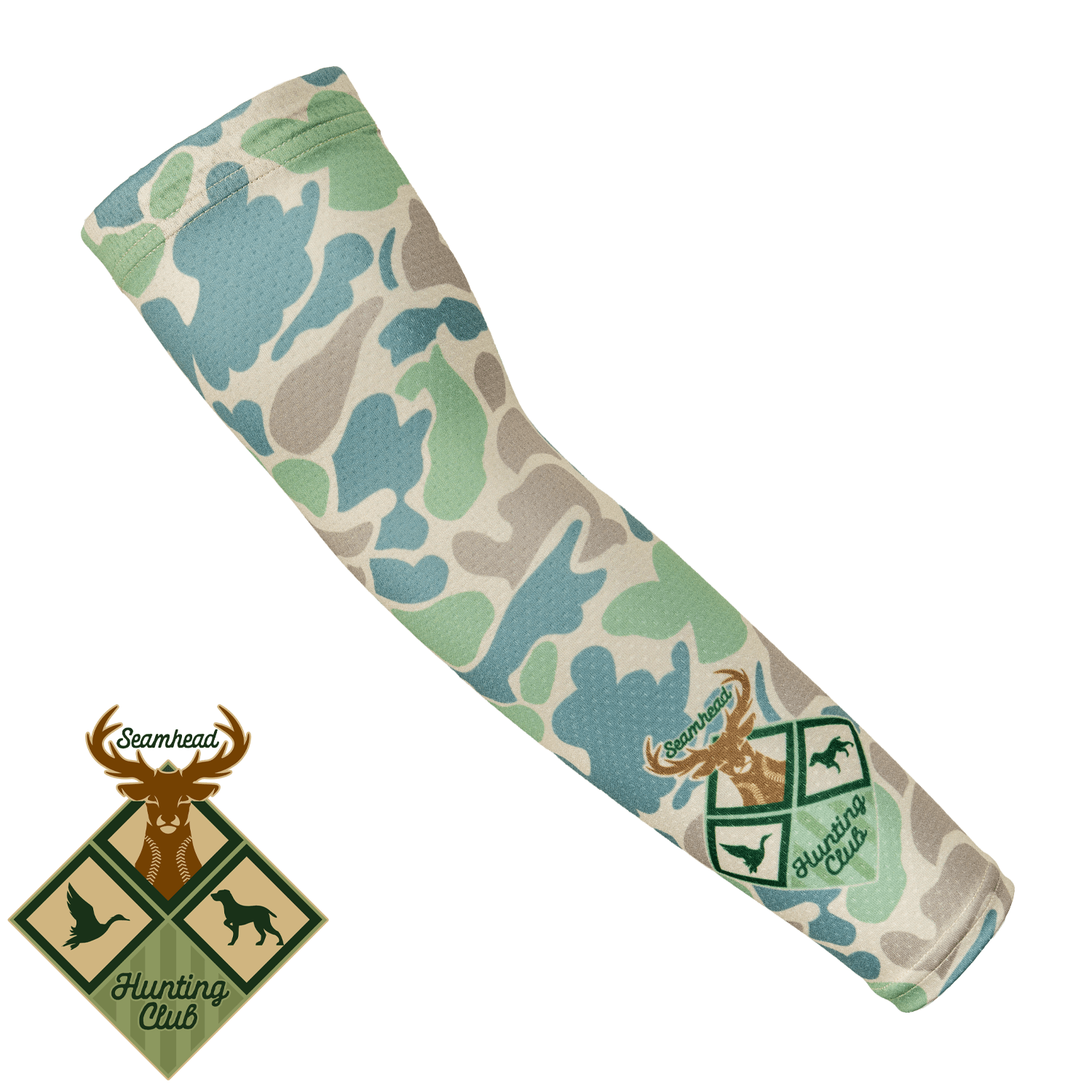 Collection of Camouflage-patterned baseball arm sleeve with hunting club logo on a white background in a gallery layout