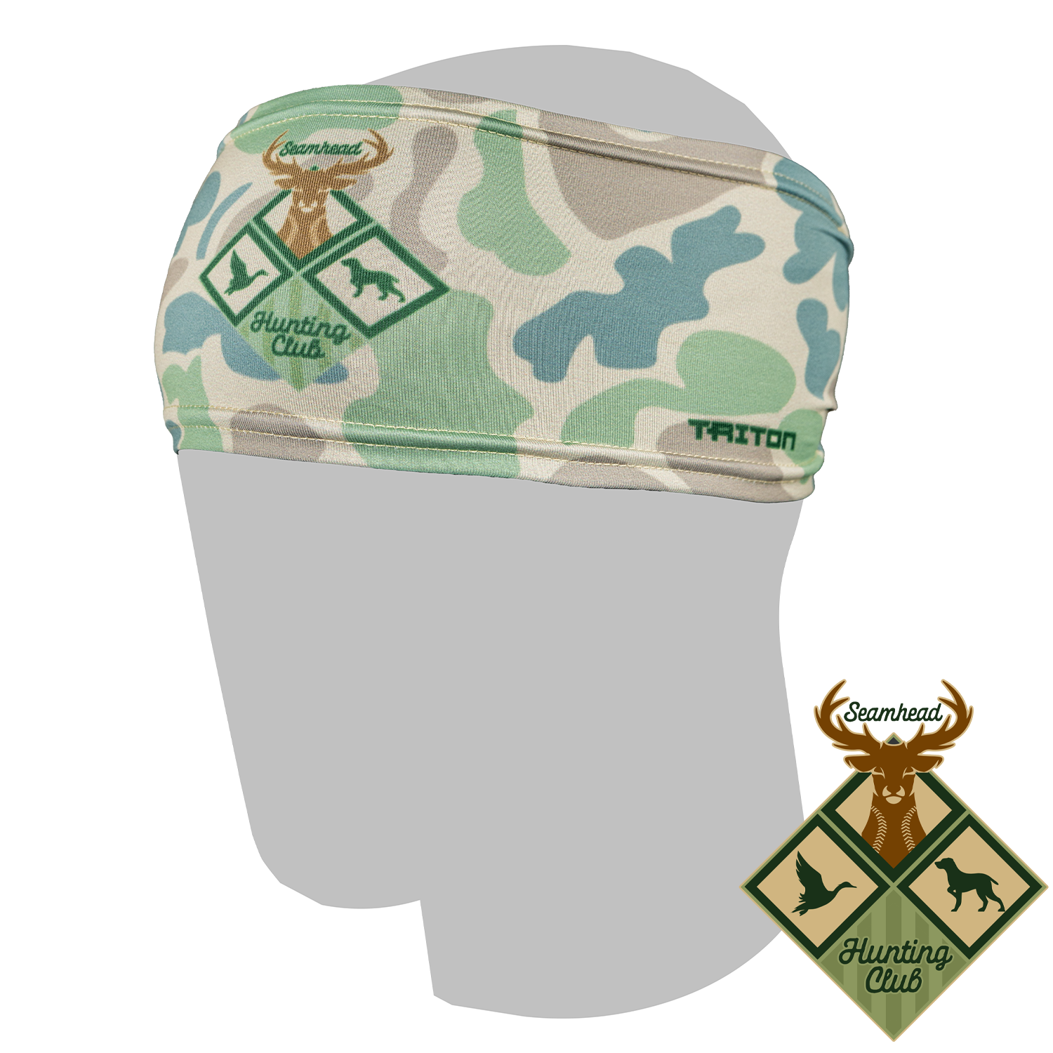 Collection of Camouflage headband with Hunting Club logo on a white background in a gallery layout
