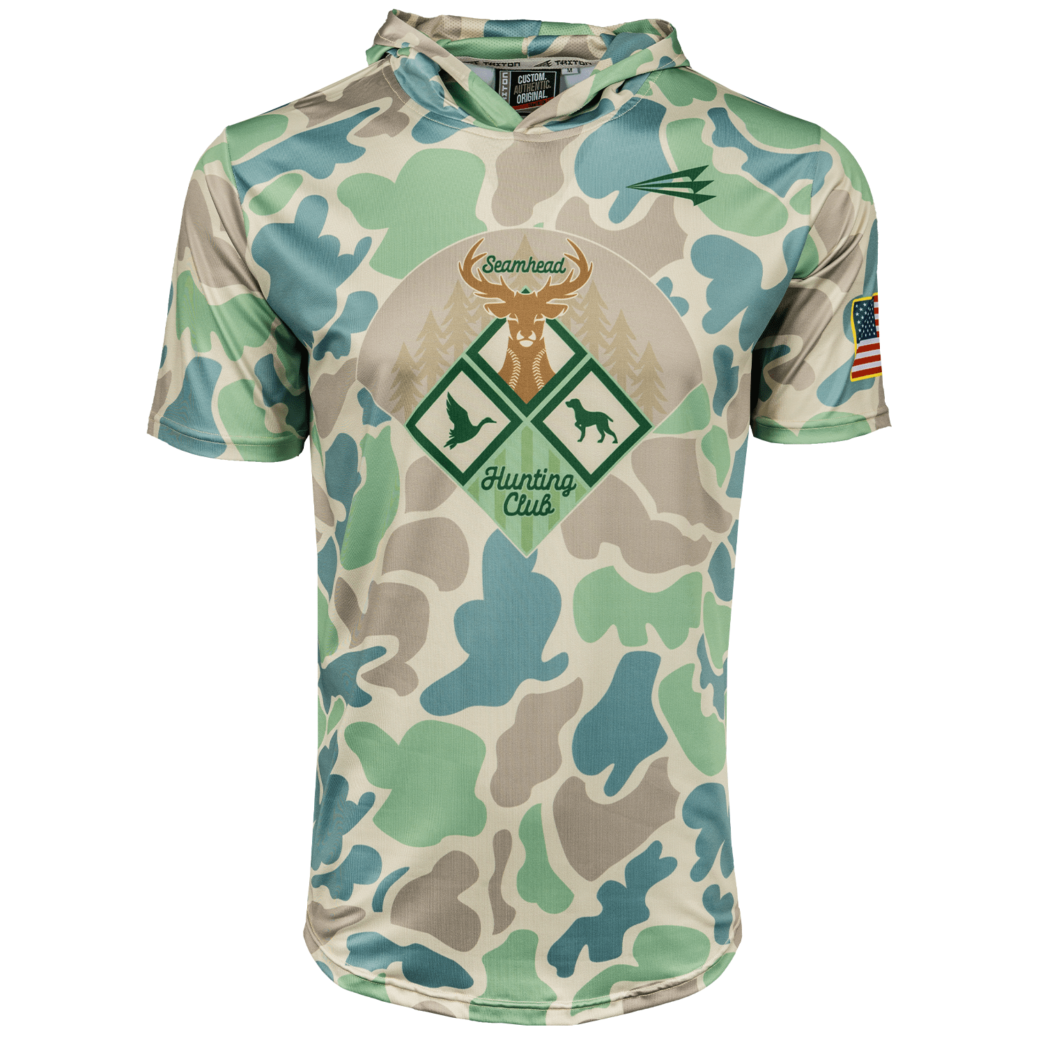 Collection of Camouflage baseball short sleeve hoodie with hunting club logo on a white background in a gallery layout