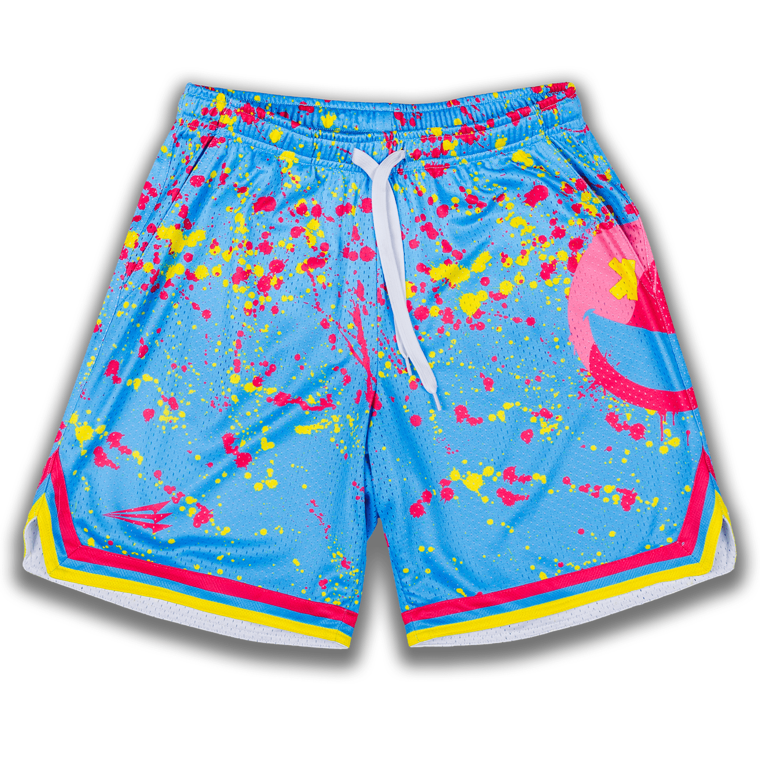 Collection of Colorful splatter-patterned baseball shorts on a white background in a gallery layout