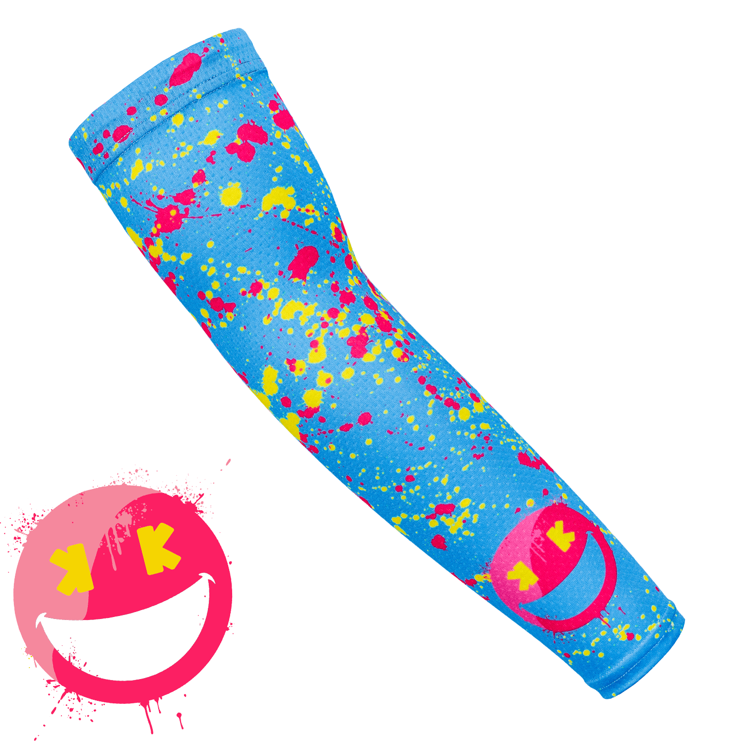 Collection of Colorful smiley k arm sleeve sleeve with smiley face design on a white background in a gallery layout