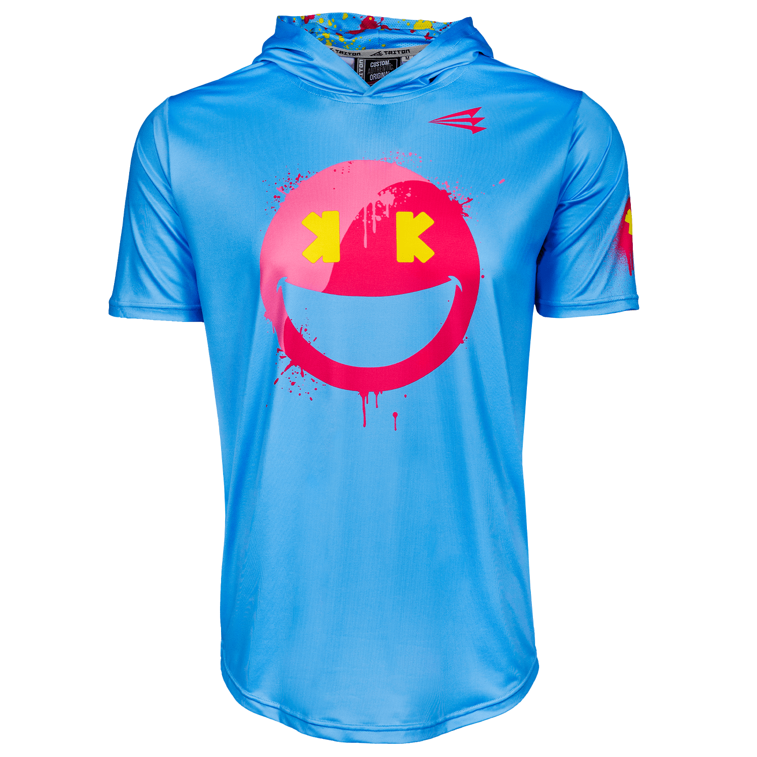 Collection of Blue hoodie with a pink smiley k face design on a white background in a gallery layout