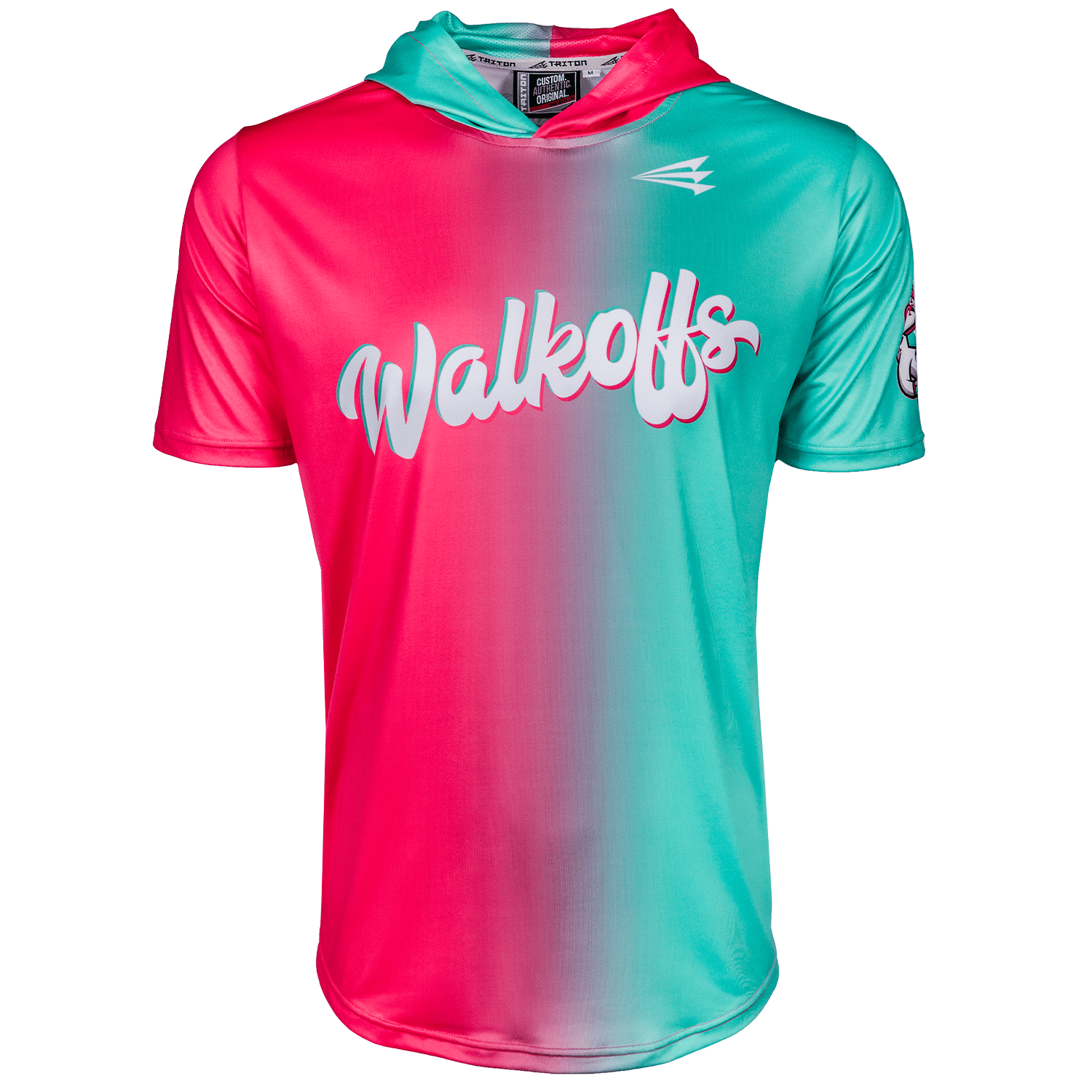 Collection of Gradient pink to teal short sleeve baseball hoodie 'Walkoffs' text on a white background in a gallery layout