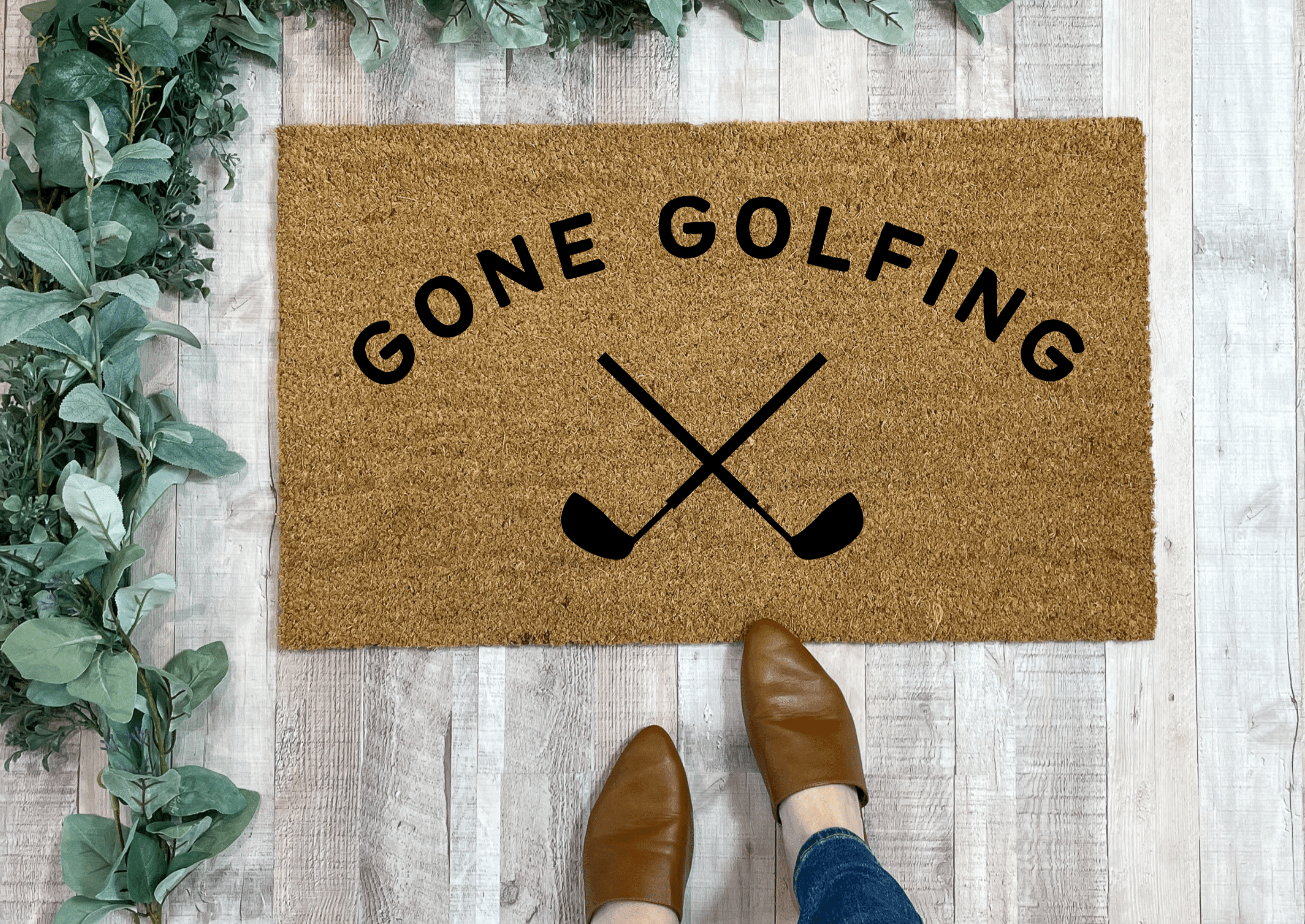Collection of Doormat with 'Gone Golfing' text and golf club design on a wooden floor. in a gallery layout