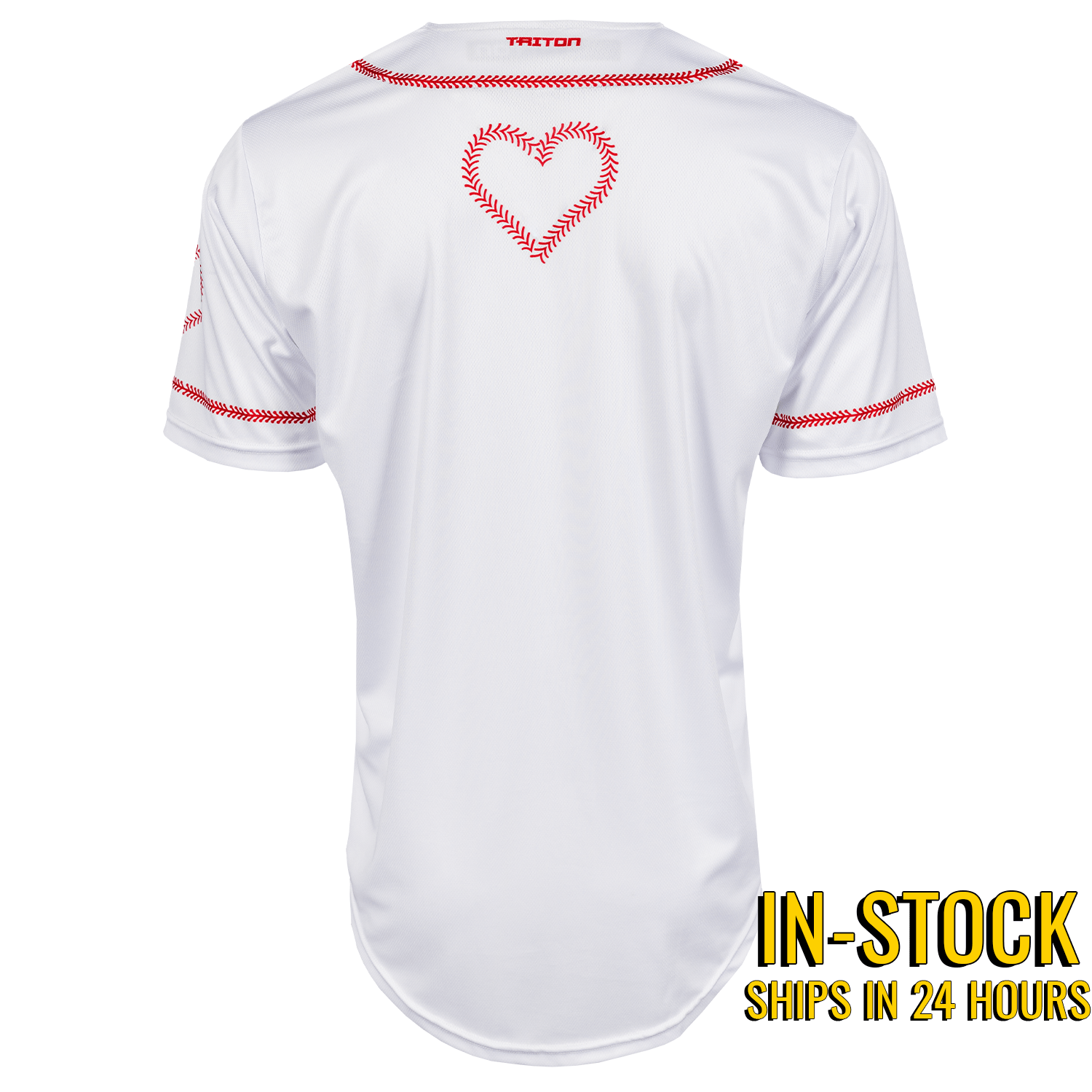 Collection of White baseball jersey with red heart design on the back, on a white background. in a gallery layout