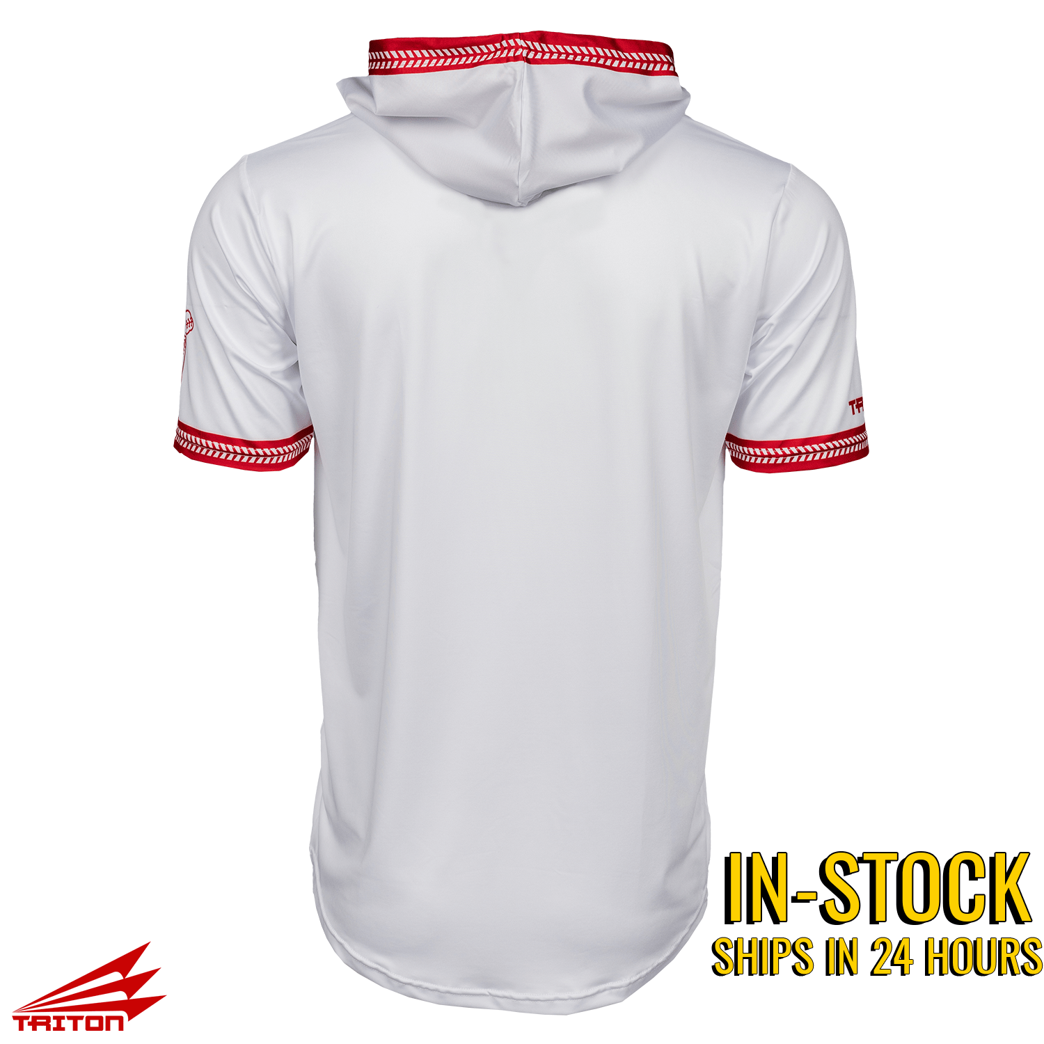 Collection of White baseball cross hoodie with red seam accents on a white background, featuring the Triton brand. in a gallery layout