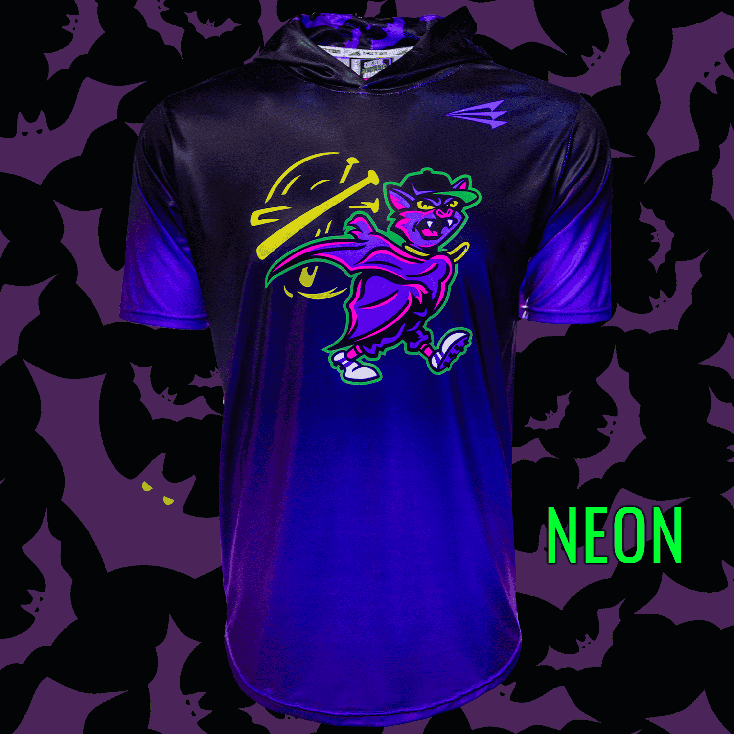 Neon purple baseball bat flips short sleeve hoodie with a colorful graphic design on a matching background