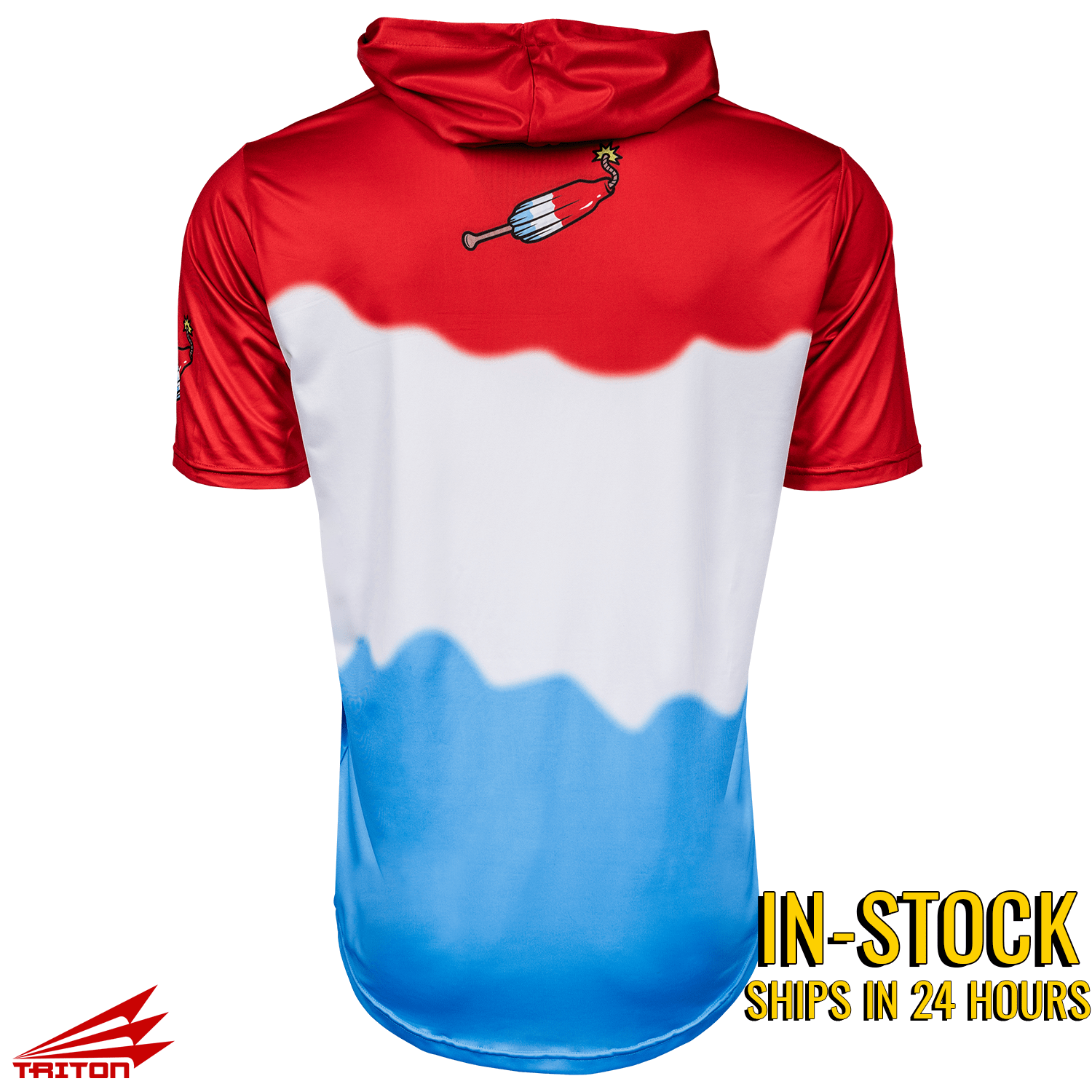 Red, white, and blue short sleeve baseball hoodie with a bomb squad pop design