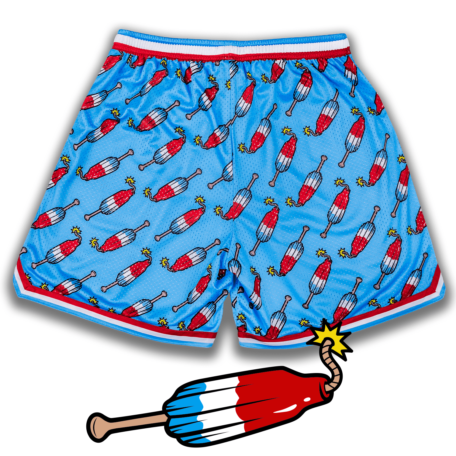 Blue shorts with red and white bomb pops pattern on a white background