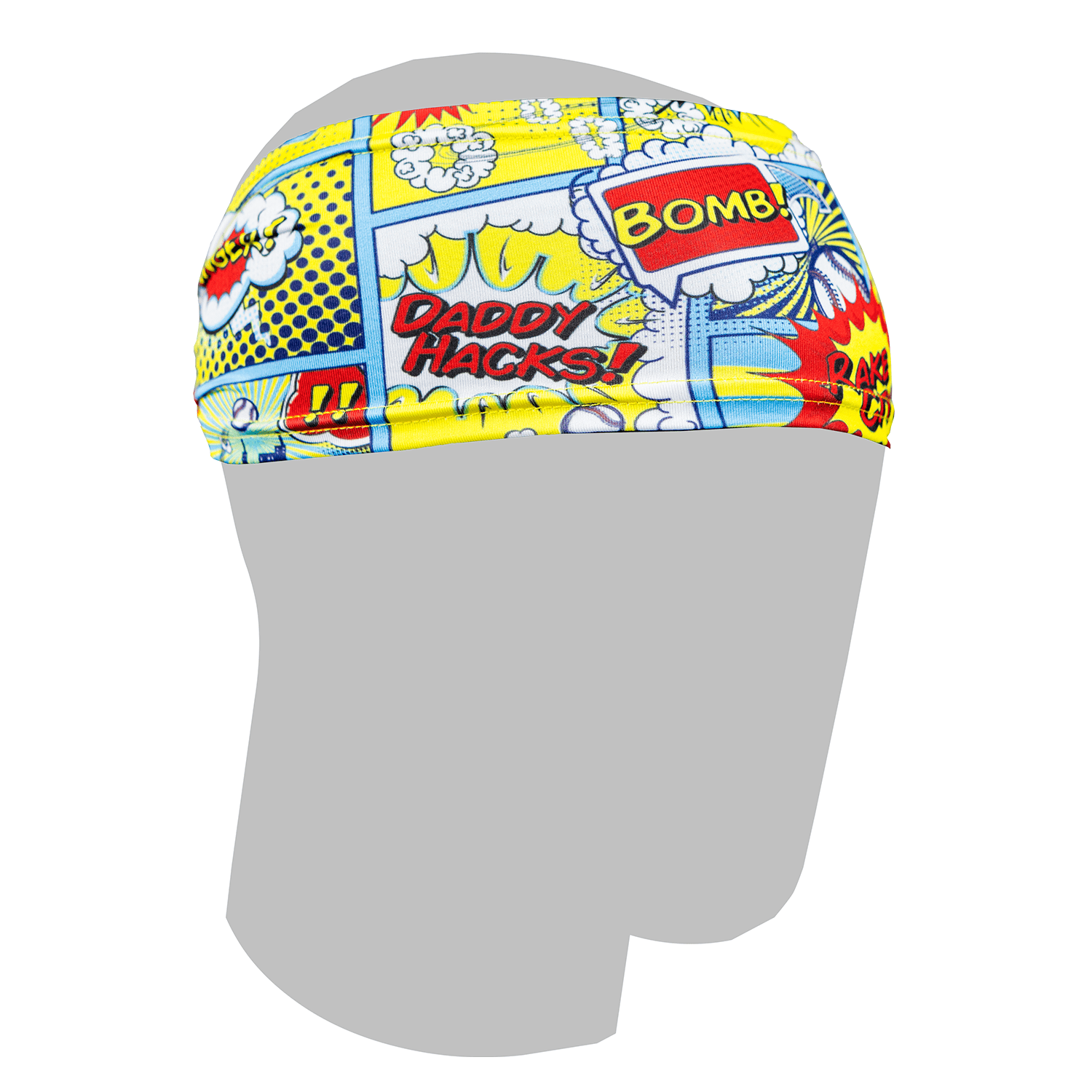 Colorful headband with comic book design and text on a white background