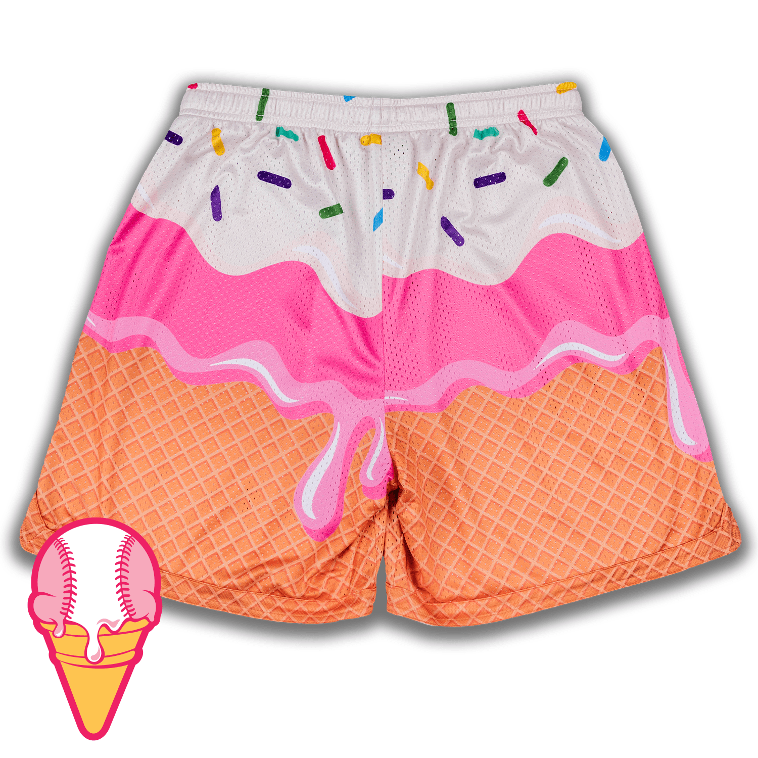 Collection of Ice cream-themed shorts with colorful sprinkles on a white background in a gallery layout