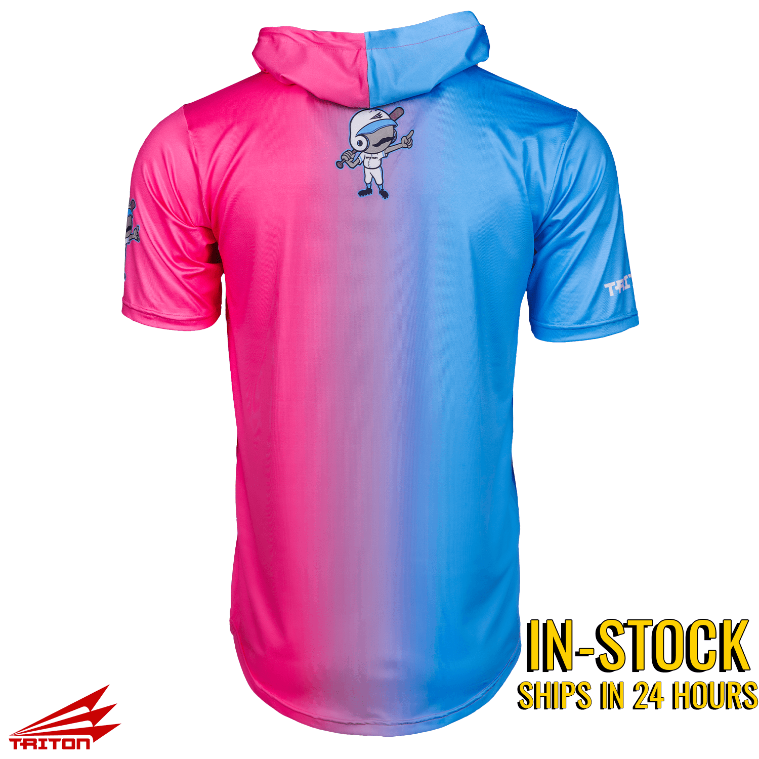 Gradient pink to blue short sleeve baseball hoodie with cartoon character on a white background