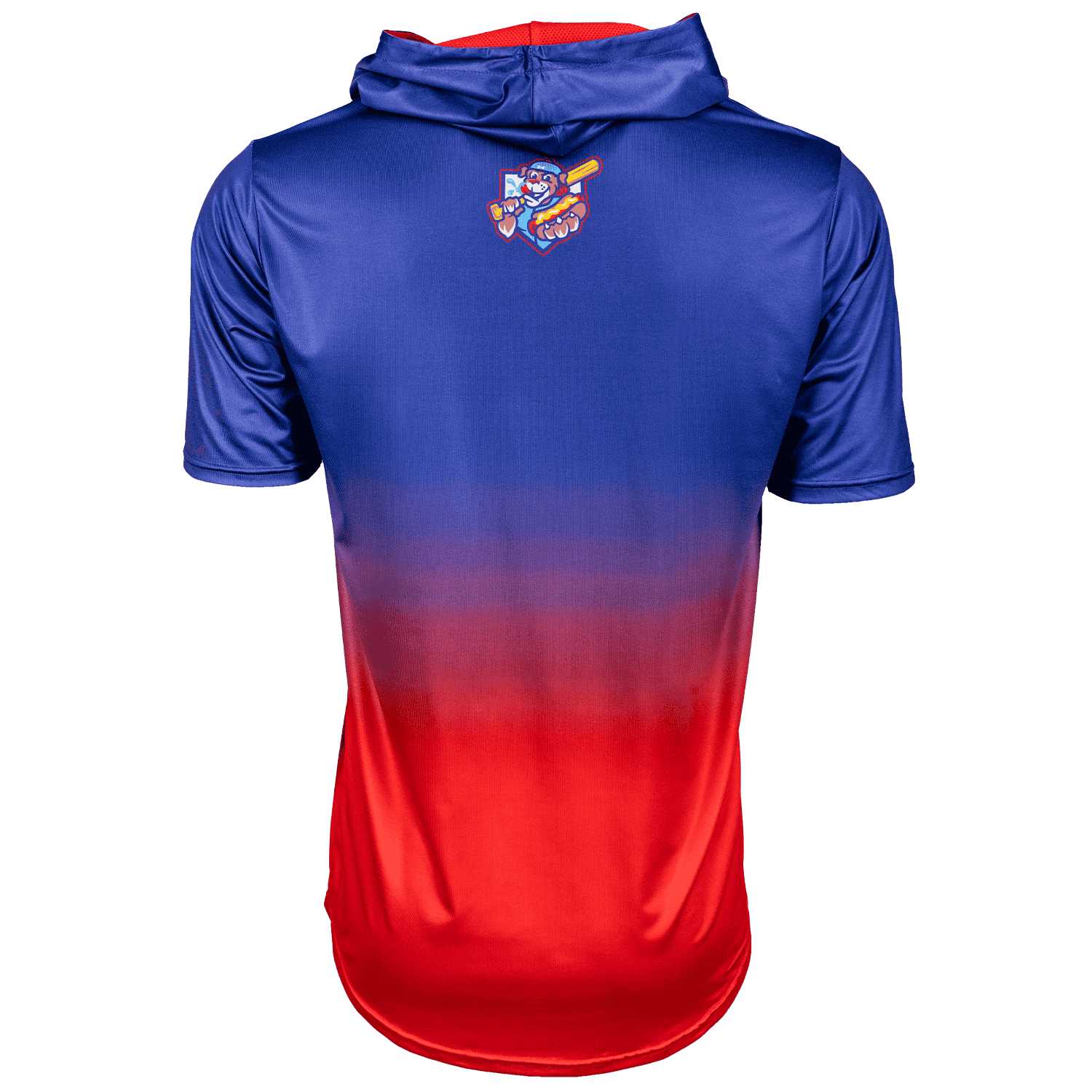 Collection of Blue and red gradient hoodie with a logo on the back short sleeve baseball hoodie in a gallery layout