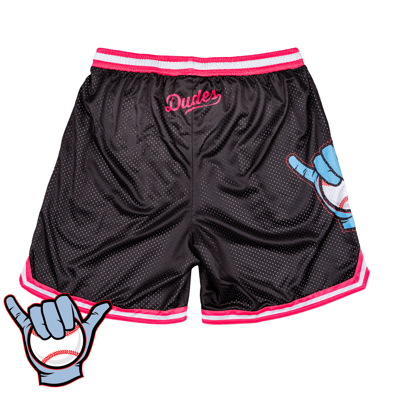Black shorts with pink and white accents featuring a logo on a white background