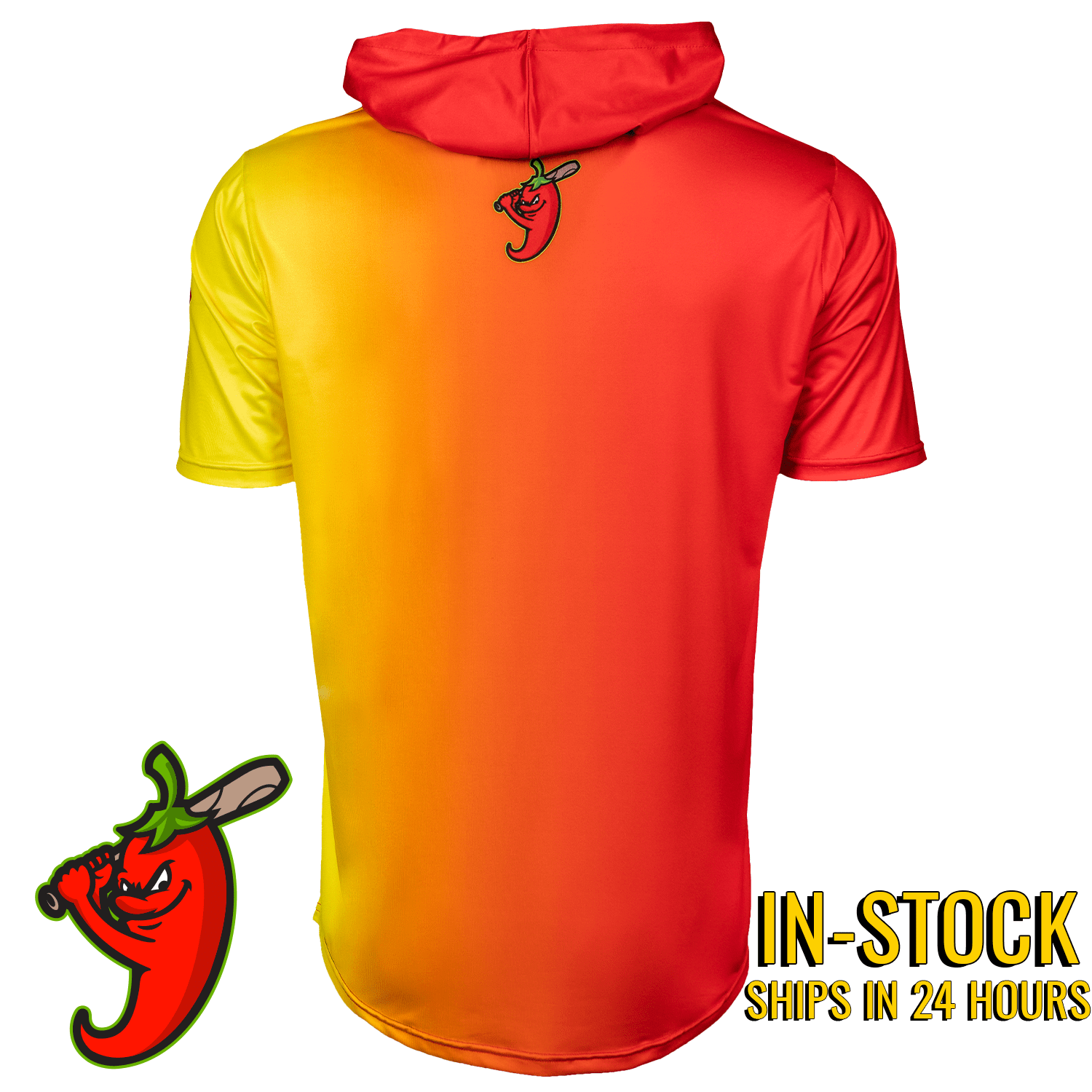 Collection of Gradient red to yellow short sleeve hoodie with a chili pepper logo on a white background in a gallery layout
