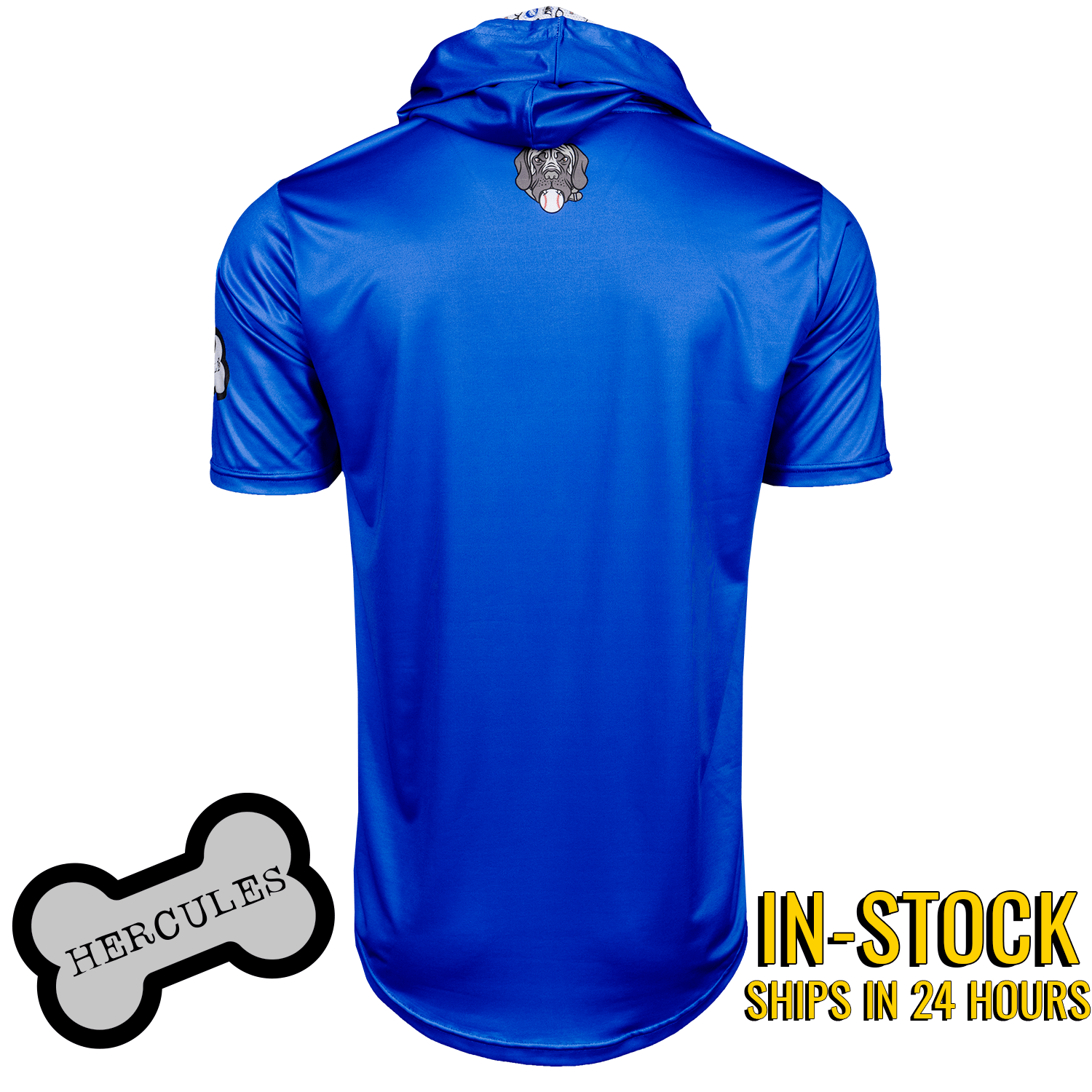 Blue short sleeve hoodie with sandlot Hercules dog on the back