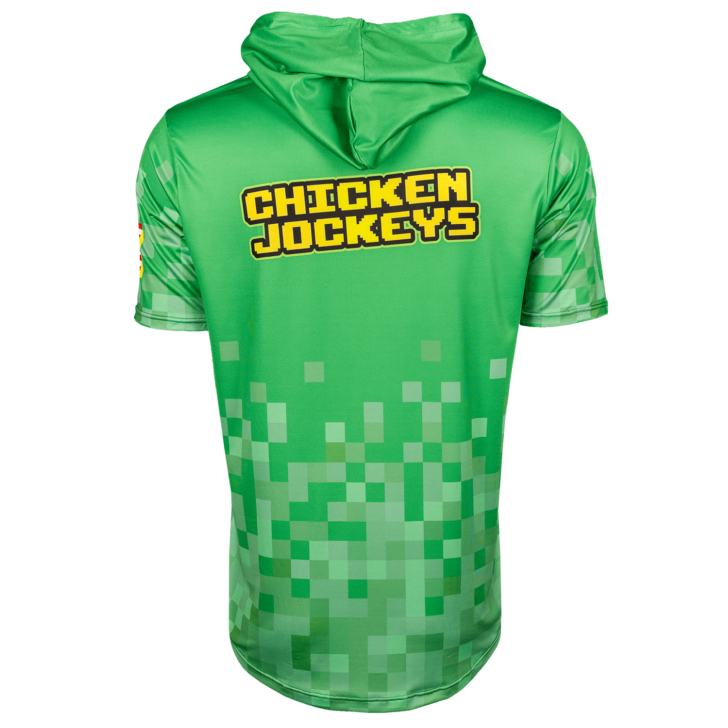 Collection of Green short sleeve hoodie with 'Chicken Jockeys' text on a white background in a gallery layout
