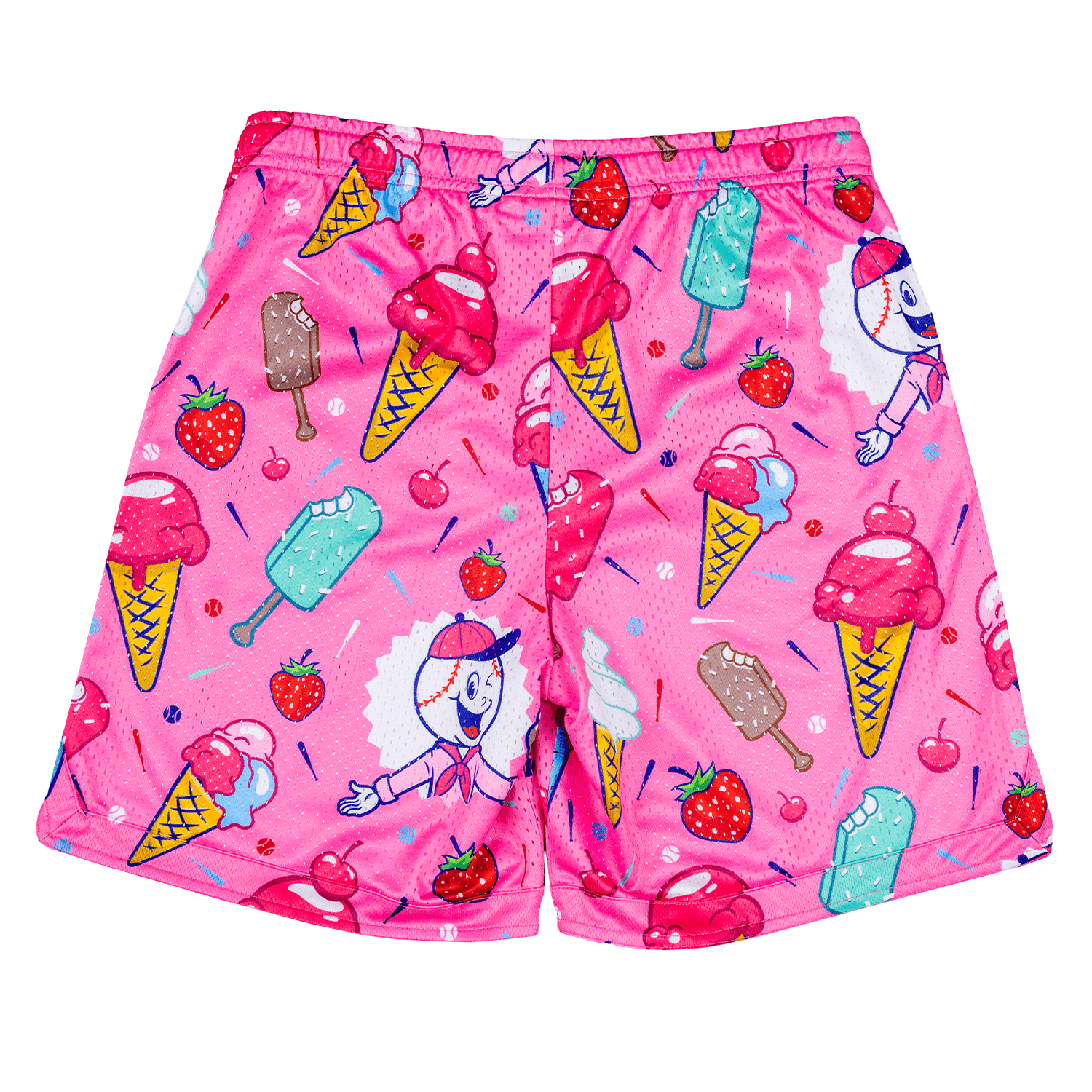 Pink shorts with ice cream cone and strawberry pattern on a white background
