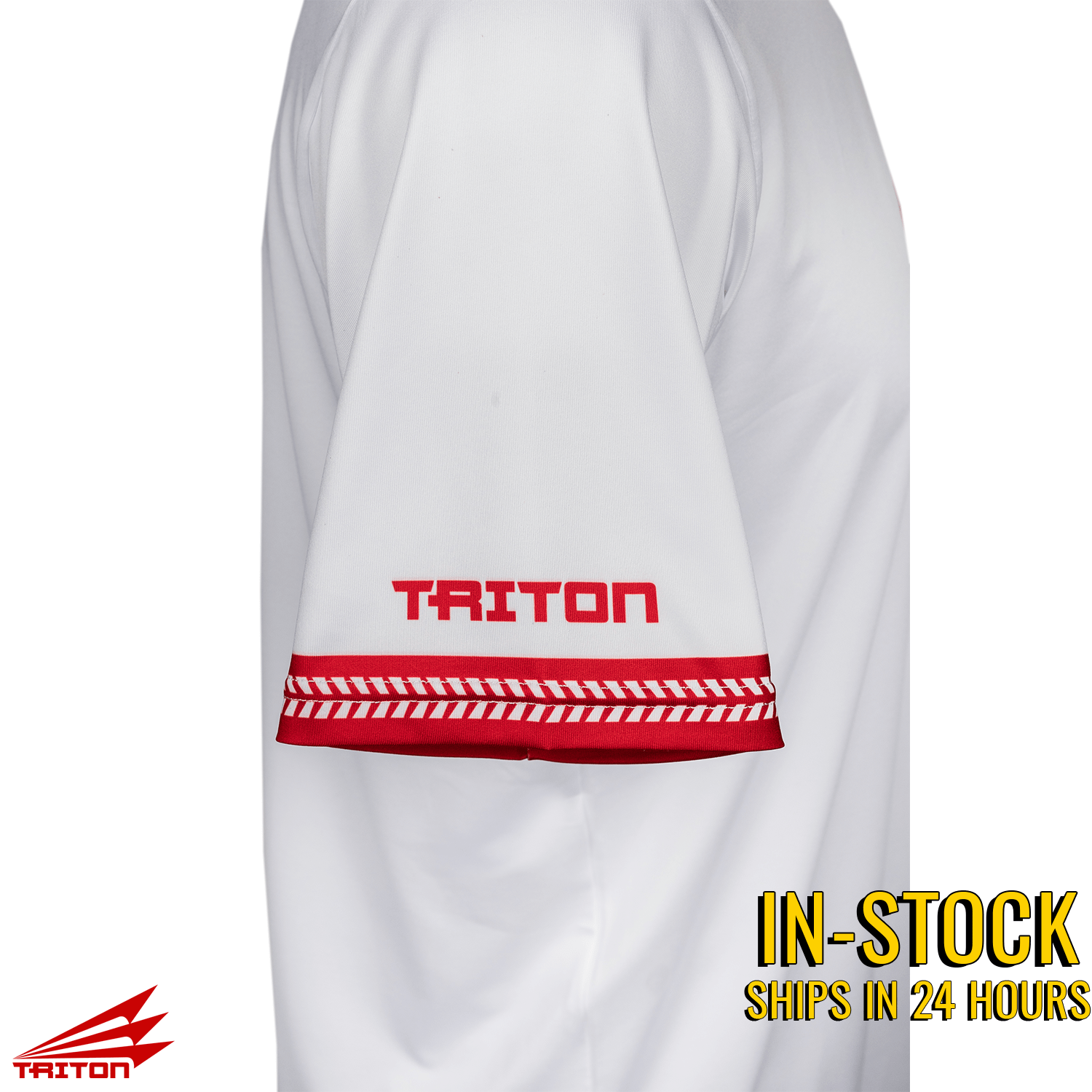 Collection of White shirt with red 'Triton' logo on sleeve against a white background in a gallery layout