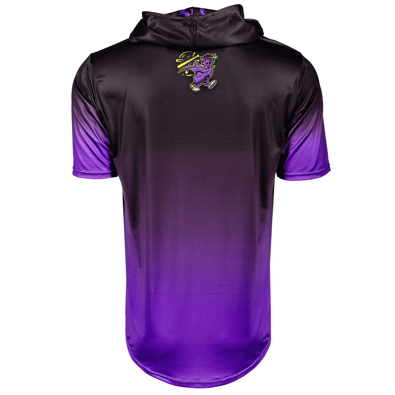Black and purple gradient short sleeve baseball hoodie with a logo on the back against a white background