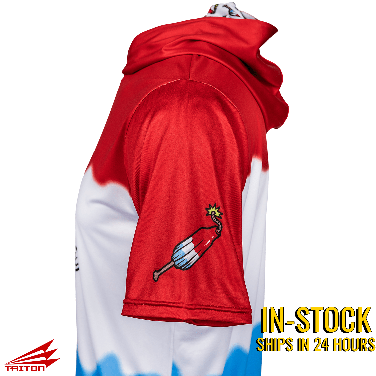 Collection of Red and white short sleeve baseball hoodie with a cartoon bomb squad pop design on the back, featuring the Triston brand. in a gallery layout