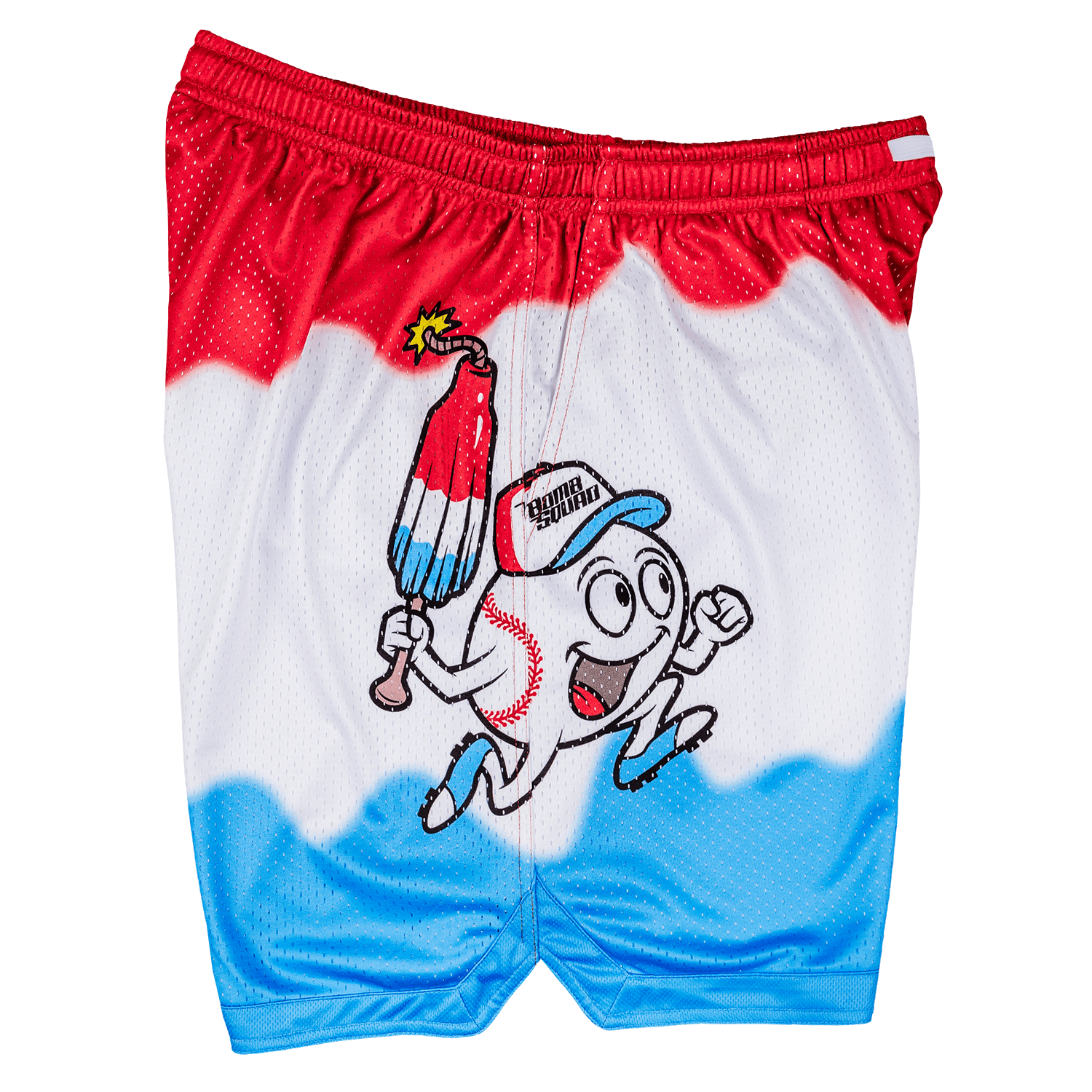 Collection of Red, white, and blue bomb pop baseball shorts with a cartoon character design on a white background in a gallery layout