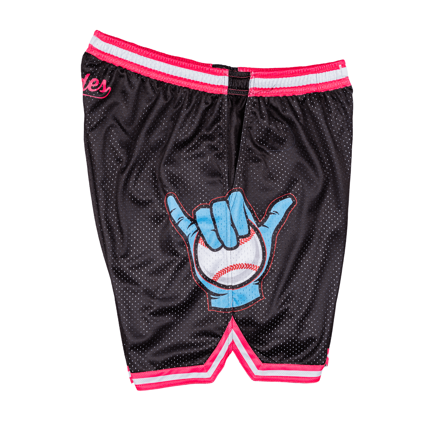 Collection of Black shorts with blue hand holding a baseball design on a white background in a gallery layout