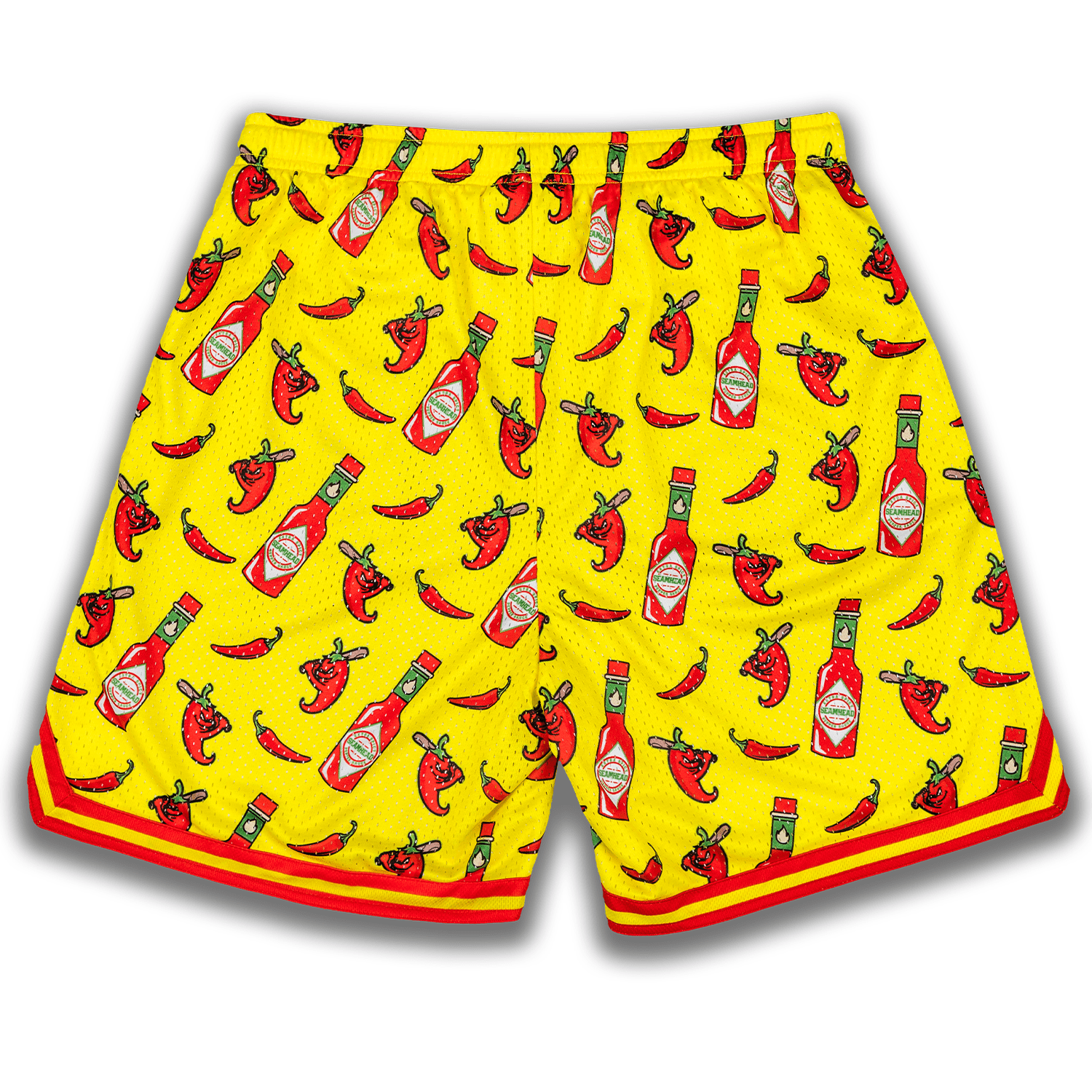 Yellow shorts with red hot sauce and chili pepper pattern on a athletic shorts. 