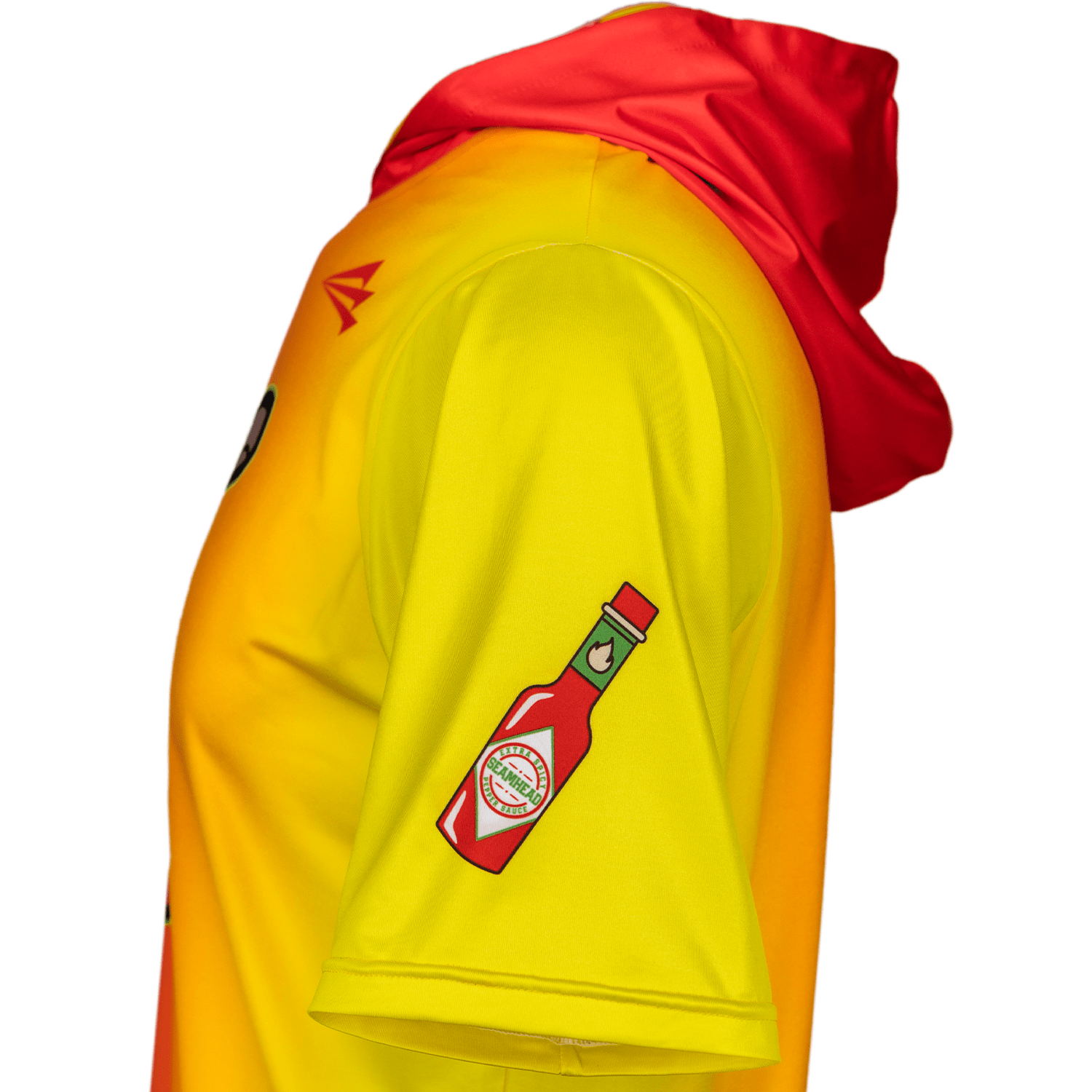 Yellow hoodie with red hood and a hot sauce bottle graphic on the sleeve against a white background