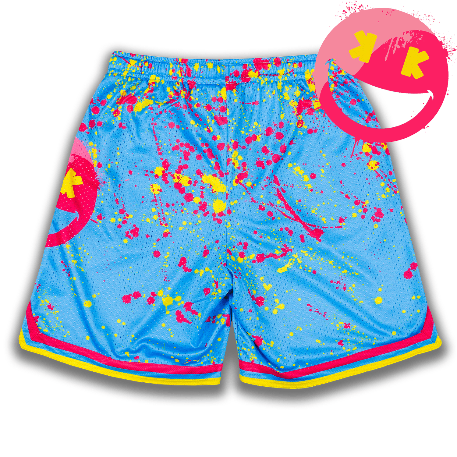 Colorful splatter-patterned baseball shorts with a pink circle and yellow text on a white background