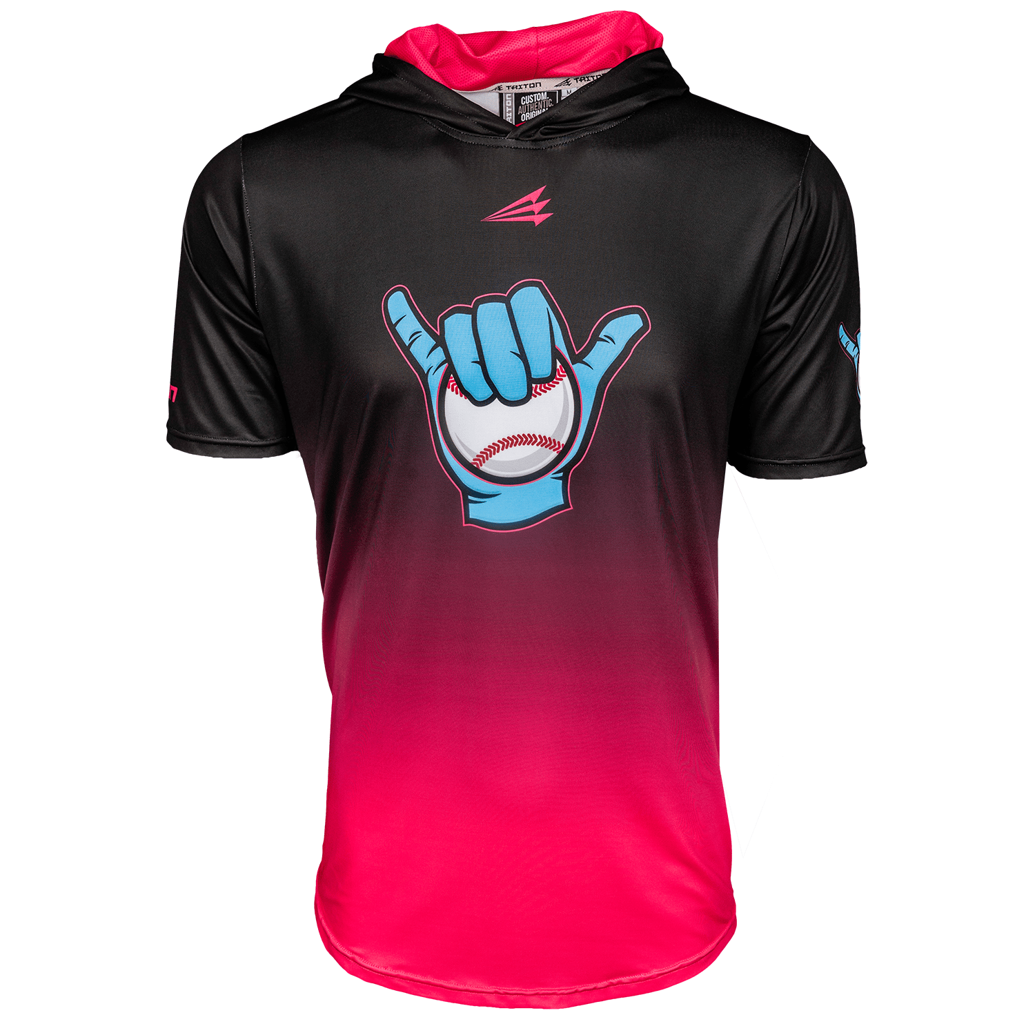 Black and red short sleeve baseball hoodie with blue hand sign and baseball graphic on a white background