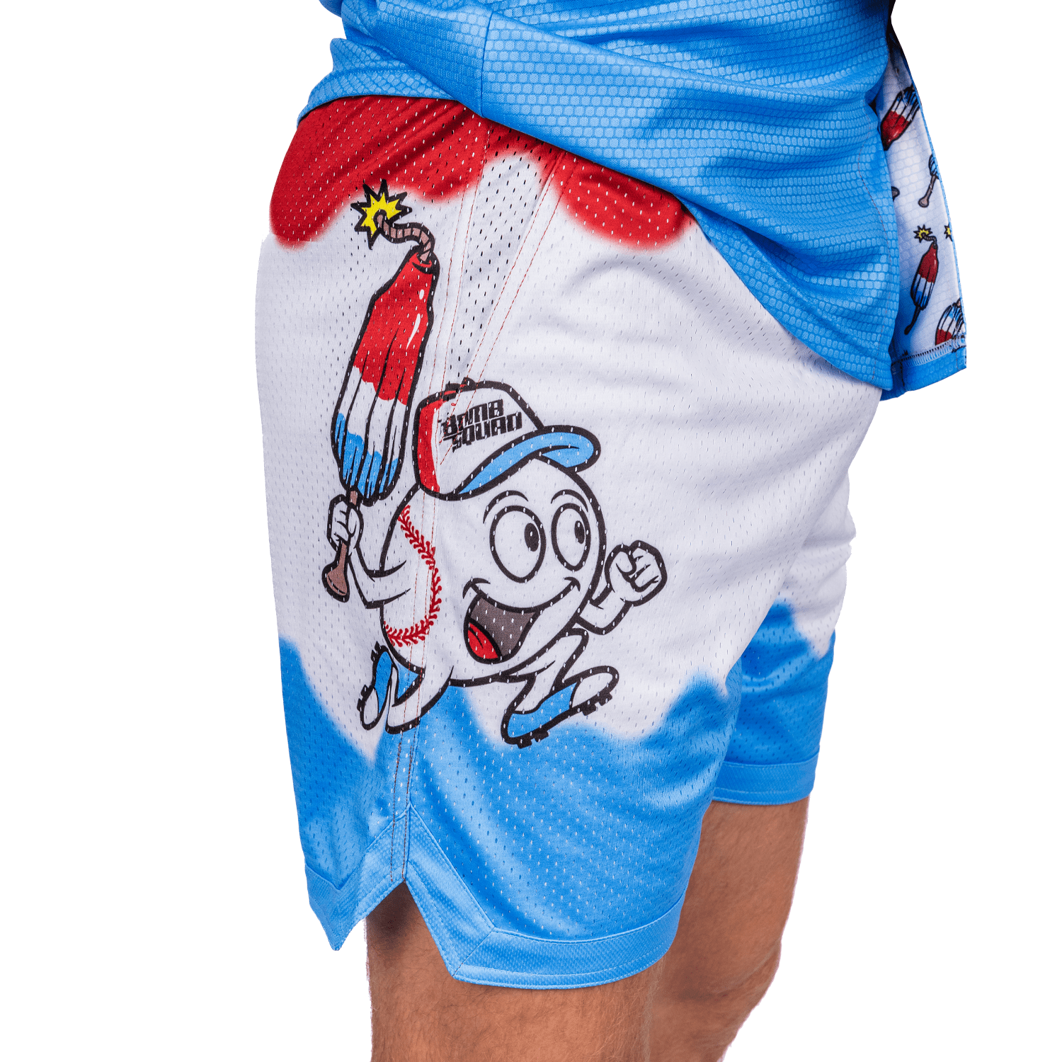 Collection of Baseball-themed athletic shorts with cartoon character design on a white background in a gallery layout