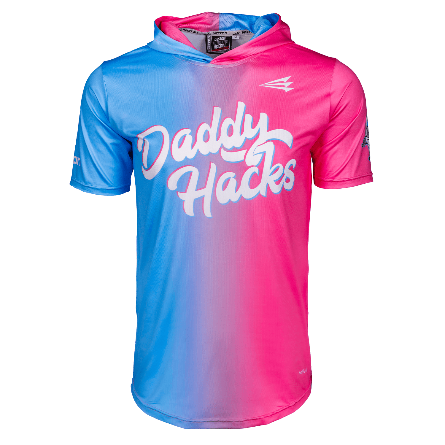 Gradient blue to pink short sleeve hoodie with 'Daddy Hacks' text on a white background
