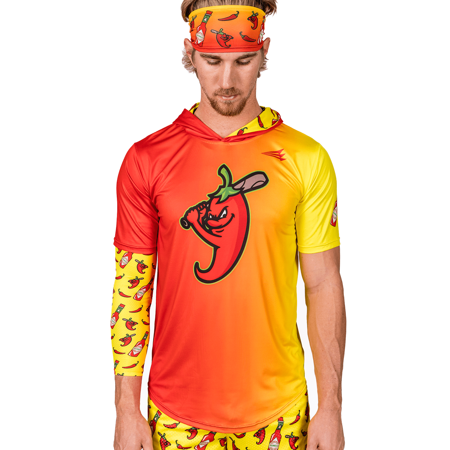 Person wearing a colorful outfit with chili pepper short sleeve baseball hoodie design on a white background